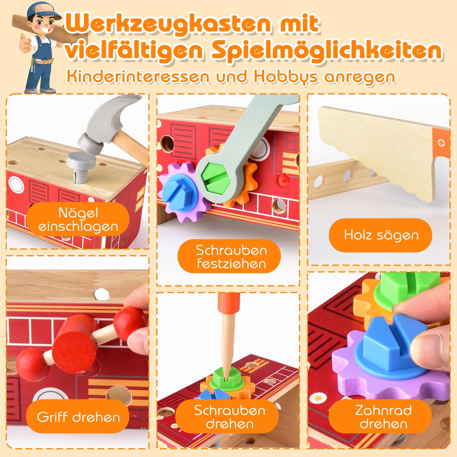 Nauotk Werkzeugkoffer Kinder Werkbank, 2 in 1 Feuerwehrfahrzeug aus Holz und Werkzeug Kinder, Montessori Holzspielzeug Spielzeug ab 2 3 4 5 Jahre, Kinderwerkzeug Werkzeugwagen, Geschenk Junge Mädchen