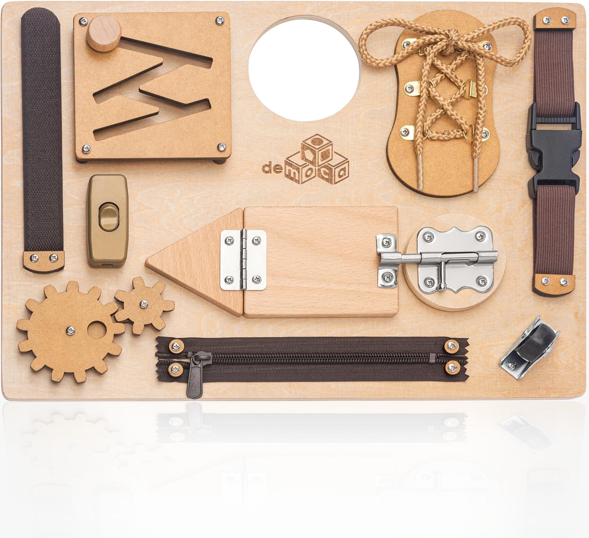 deMoca Sensory Busy Board for Toddlers, Premium Wooden Toddler Busy Board for 1 2 3 Year Old with 10 Educational Activities for Fine Motor Skills, Fidget Activity Toy for Travel