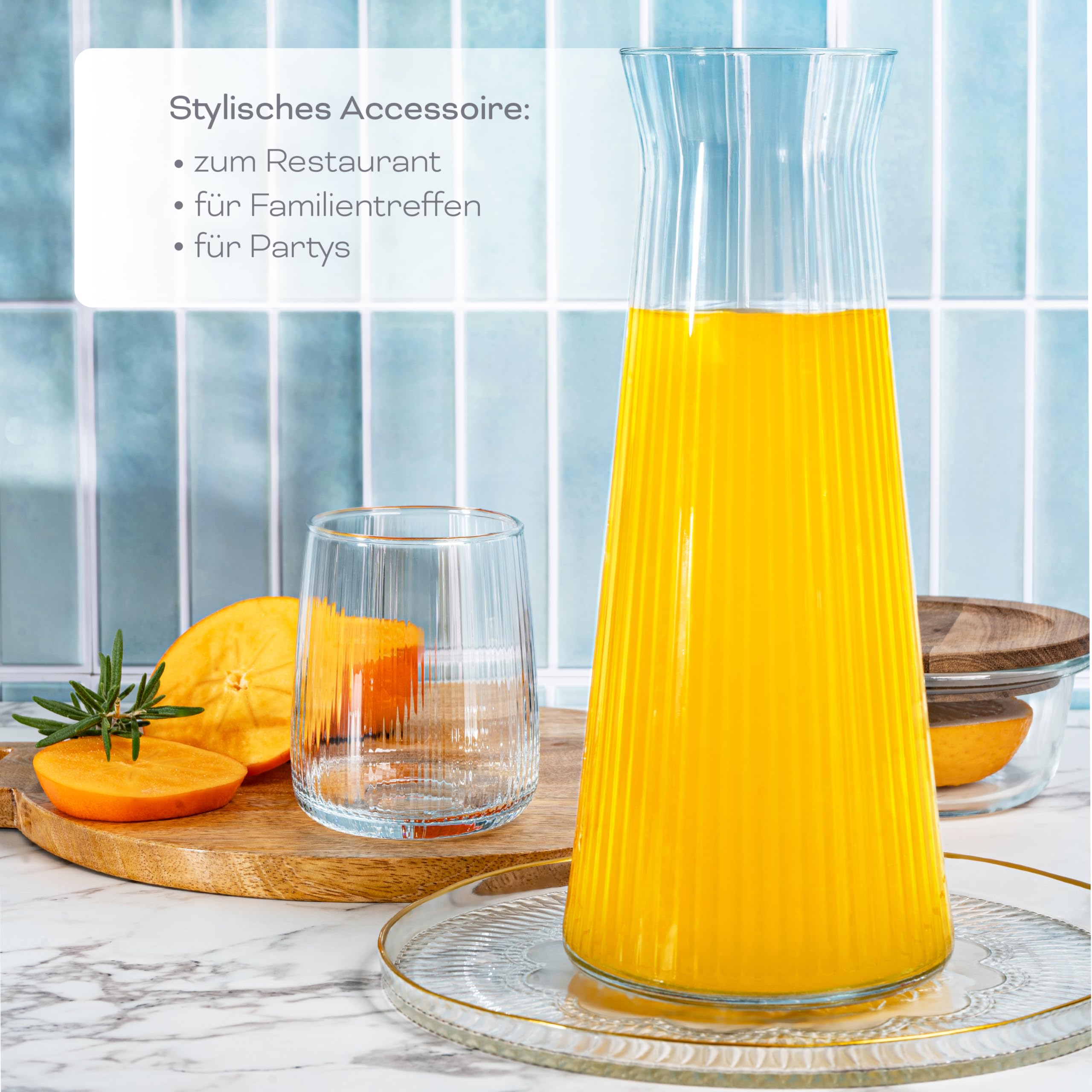 KONZEPT 2 Stk. Wasserkaraffe aus robustem, geriffeltem Glas – 1 Liter, spülmaschinenfest, BPA-frei, stilvoll und stabil