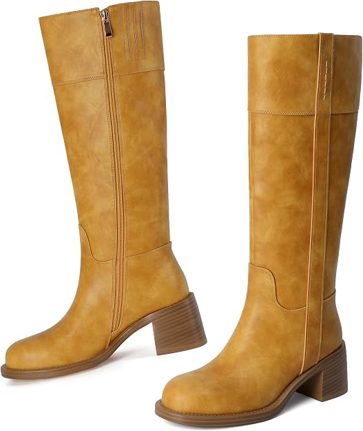 Reitoye Knee High Boots Women Platform Chunky Block Heel Zipper Tall Boots | Comfortable Low Chunky Heel,Non-slip Sole,Side Zipper,All-Season Fashion Dress Tall Boots,Evening Bridal office Long Boots