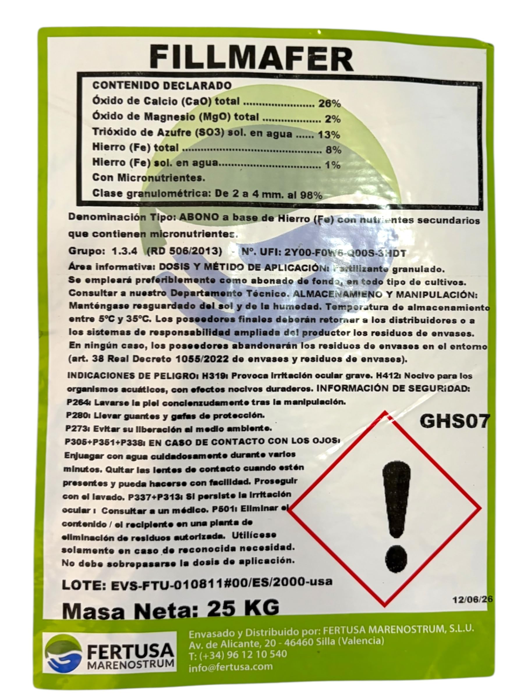 Fertilizante Sulfato de hierro granulado con calcio y magnesio. 25 Kgs Abono corrector de hierro, calcio y magnesio.