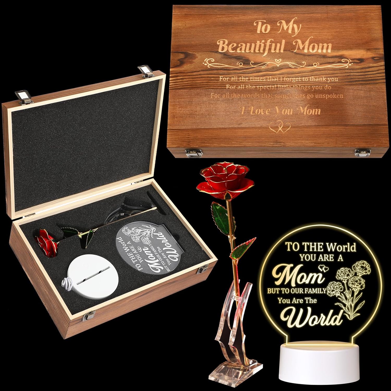 Anniversary for Mom Engraved Wooden Set to My Beautiful Mom Includes LED Acrylic Light 24k Gold Dipped Rose for Xmas Anniversary Favor