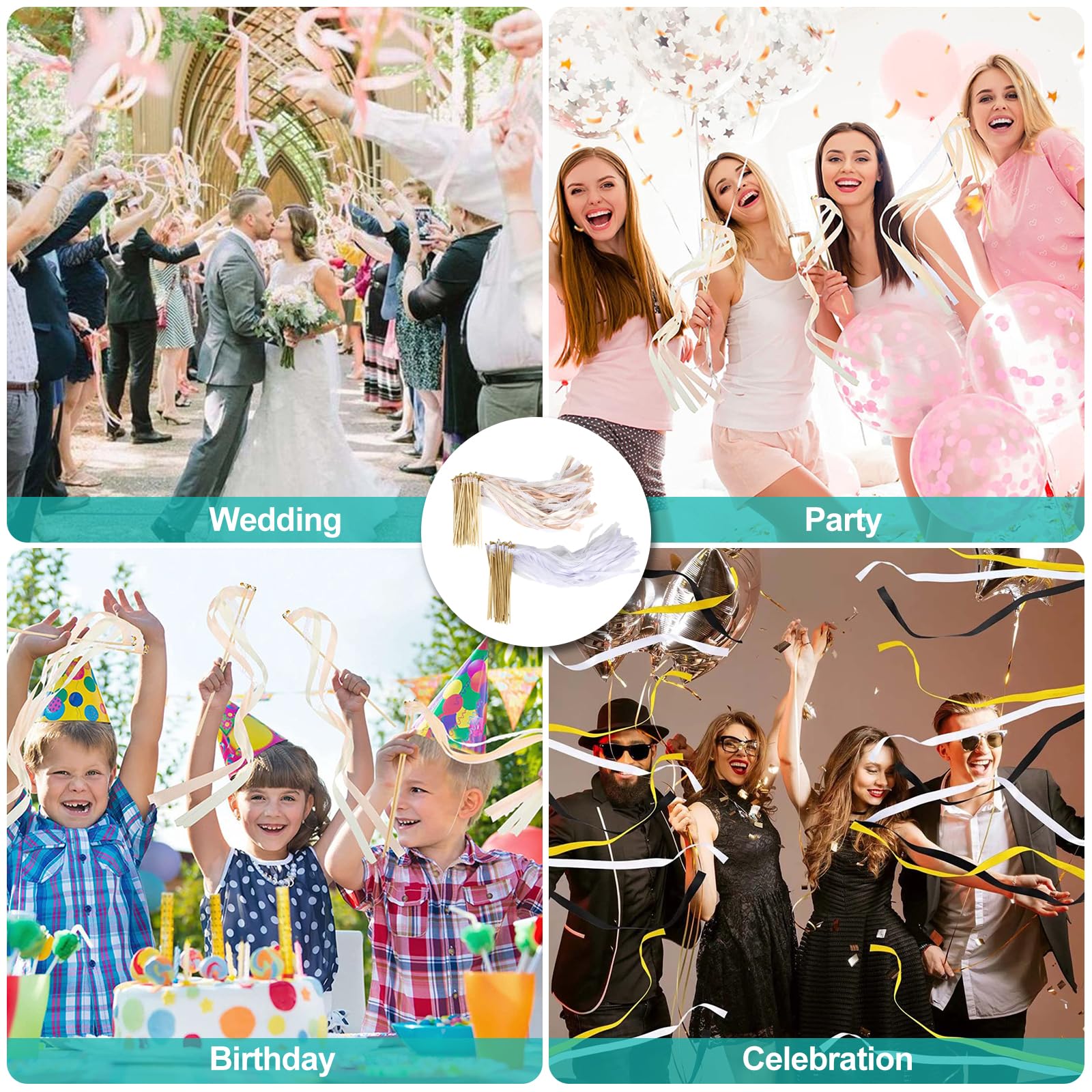 50 Feenstäbe Mit Bändern & Glöckchen - Champagnerfarben Für Hochzeiten & Partys