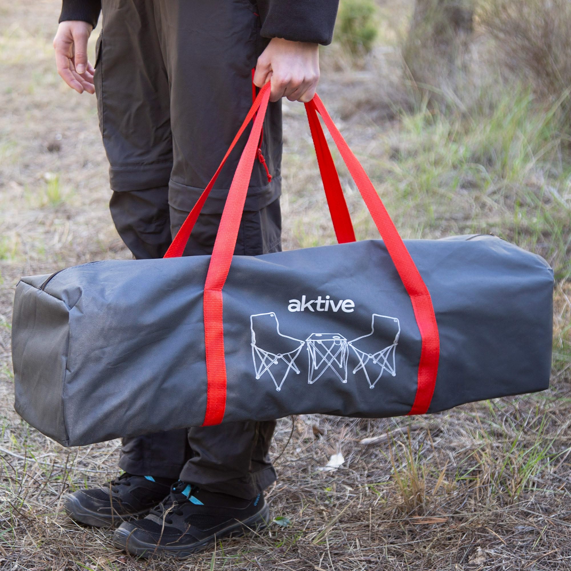 AKTIVE Set Camping Plegable, Mesa 46x46x46 cm, 2 sillas de 43x43x71 cm, Gris, Estructura Acero, Topes antivuelco, Peso soportado 110 kg, Posavasos Integrados, Bolsa de Transporte (63182)
