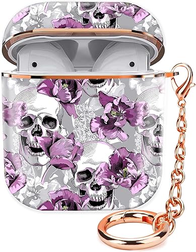 ZEKICE Funda para Airpod 1 y 2 de 2 generación, funda protectora a prueba de golpes con llavero de oro rosa para niñas, mujeres y hombres (calavera