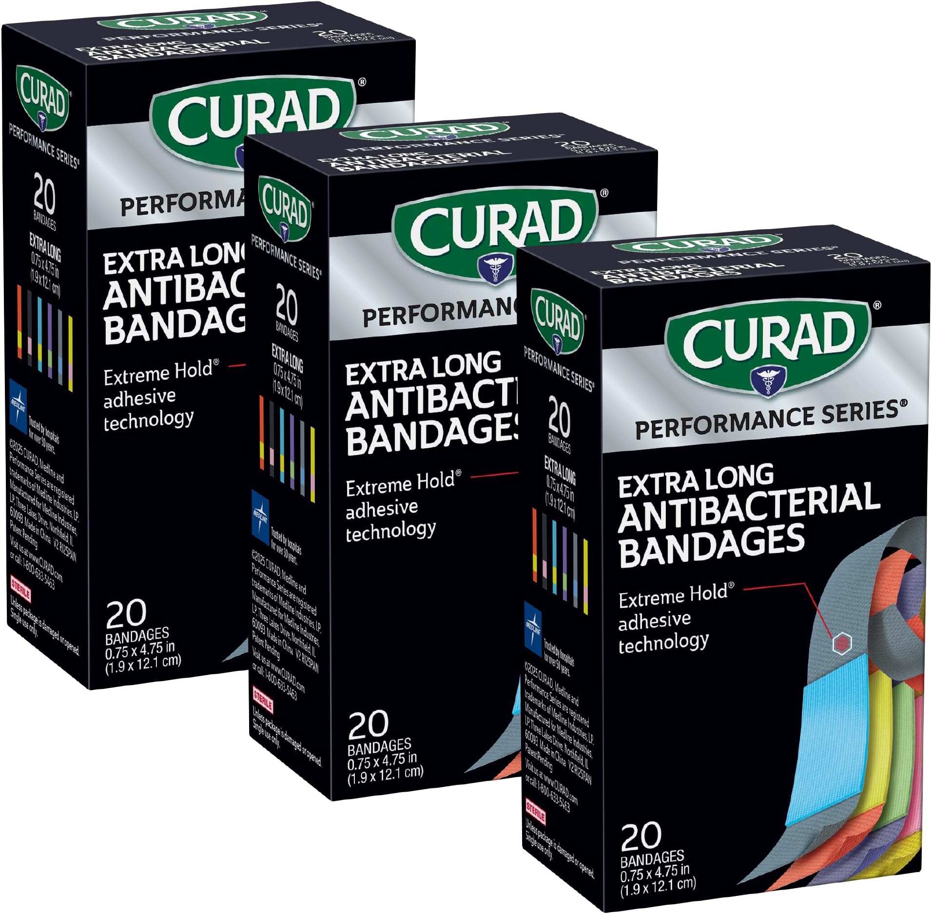 Performance Series Antibacterial Bandages, Extreme Hold Adhesive Technology, Extra Long Flexible Fabric Bandages for Cuts, Scrapes, & Burns, Assorted Colors, 0.75 x 4.75 inches, 20 Count