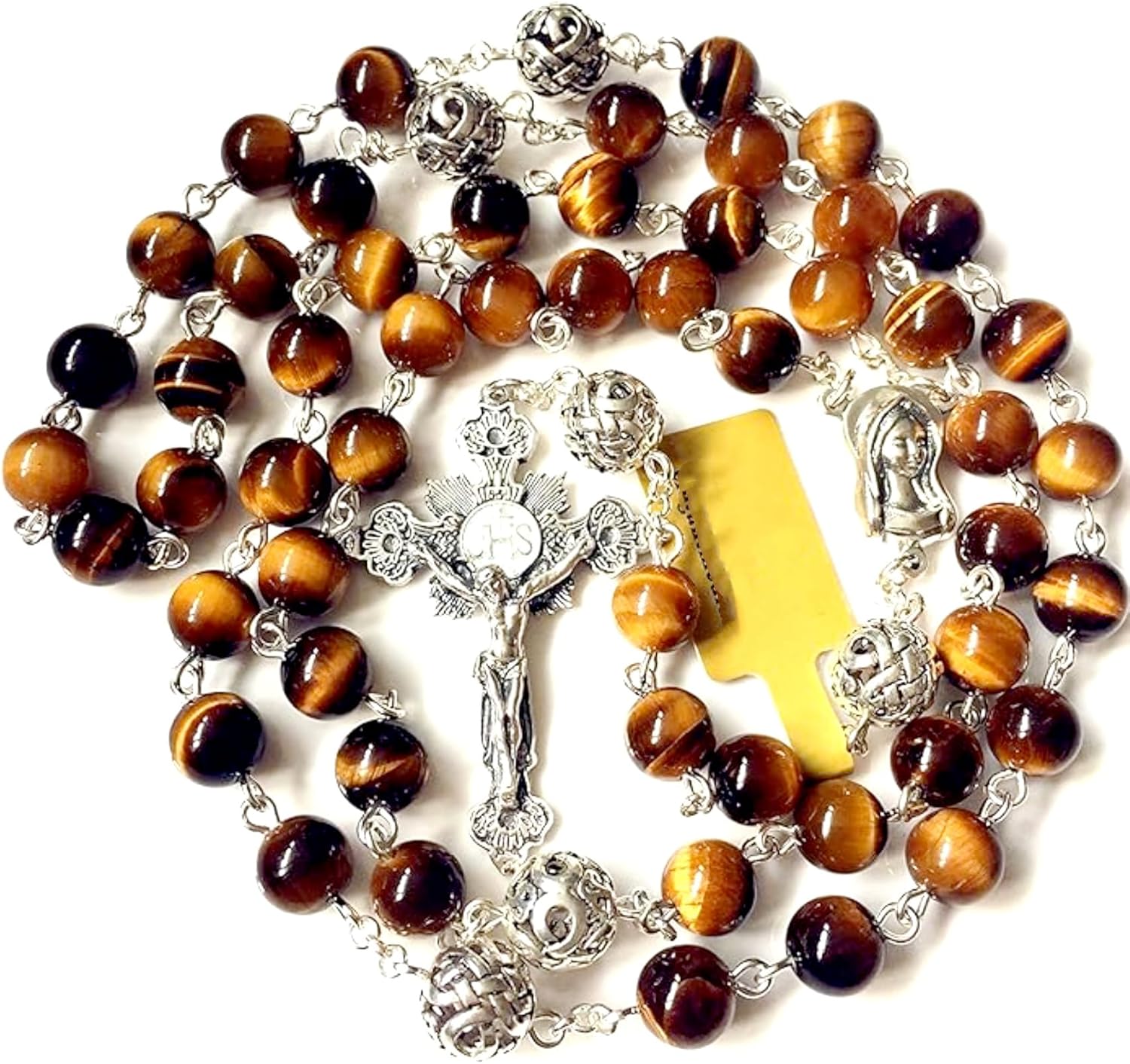 elegantmedical Bali Sterling Silver Beads & Tiger Eye GIFT CATHOLIC ROSARY CROSS NECKLACE BOX