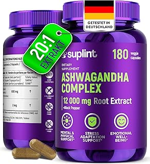 Ashwagandha in Kapseln – Wurzelextrakt 20:1 = 12.000 mg reines Ashwagandha-Wurzelpulver pro Portion mit 5% Withanoliden – Hohe Konzentration – 180 Vegane Kapseln (1 Pack)