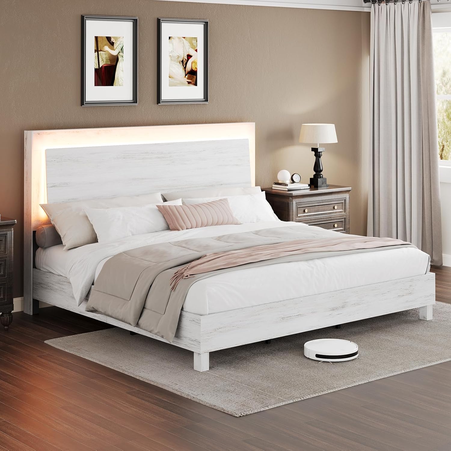 LUXOAK Full Size Wood Bed Frame with RGBW LED Light, Mid-Century Modern Platform Bed with Floating Headboard and Solid Wood Legs, No Box Spring Needed, Easy Assembly, Distressed White