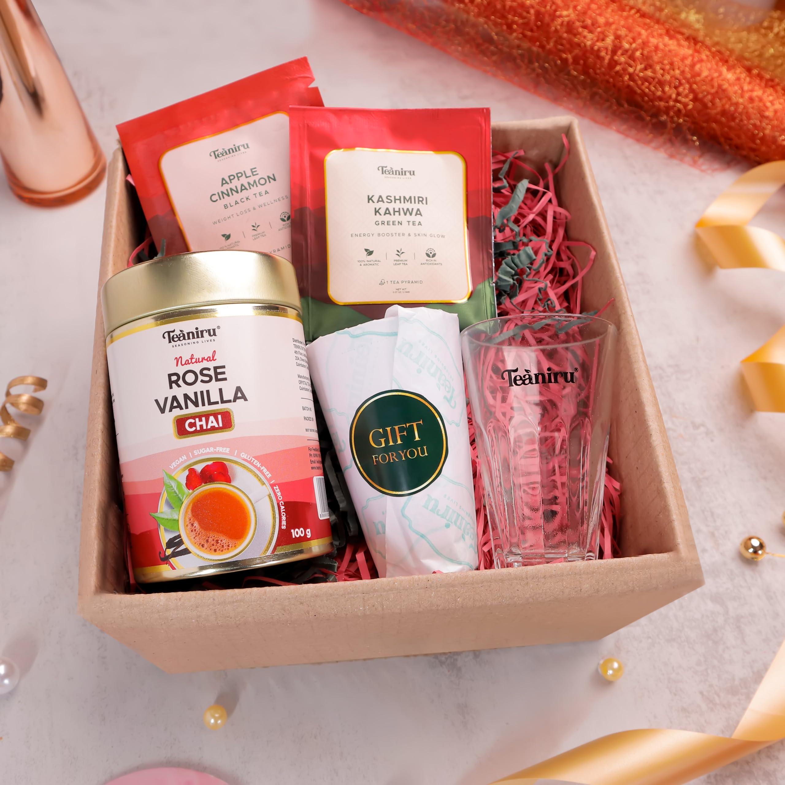 Teaniru, Endless Happiness Combo Tea Pack | Rose Vanilla Chai (100 gm) with 2 Cutting Chai Glasses and 30 gm of Loose-Leaf Green Tea | First Quality Tea in Reusable Tins – Unique Gift for Tea Lovers