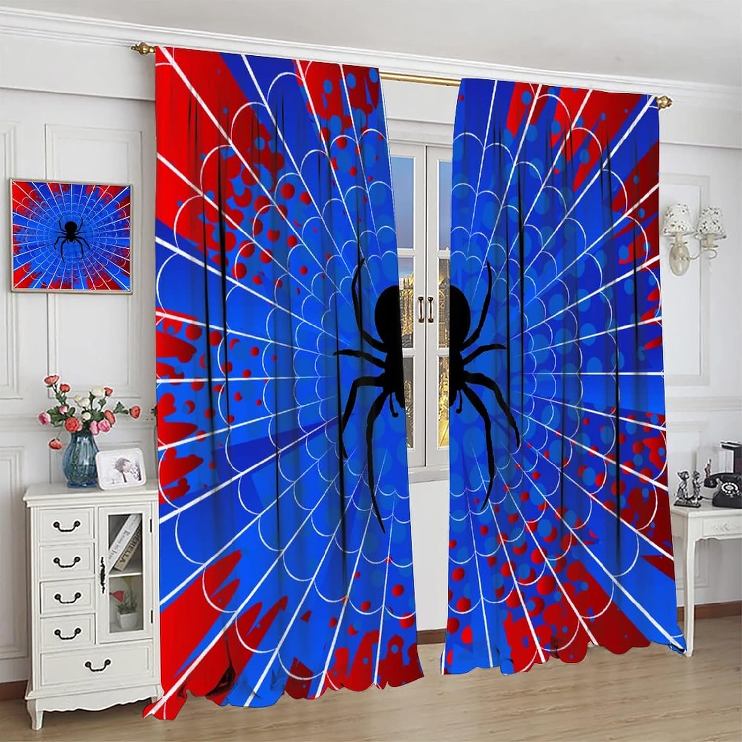 Superhero Spider Web Curtains,Blue Red Window Treatments for Kids Boy Bedroom Office Study Halloween Theme Spider Print Polyester Fabric Window Drapes 2 Panel Set Total Size 42 x 63 Inch