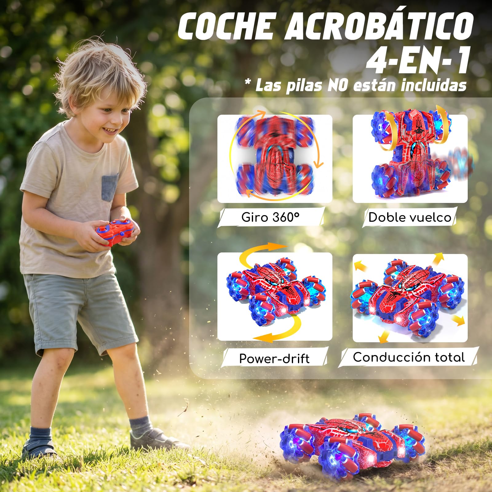 Spider Coche Teledirigido con Reconocimiento de Gestos a Partir de 4 5 6 7 8 9 10 11 12 años, Coches RC Doble Cara con Iluminación Completa, 2,4 GHz Coche Stunt RC Recargable con Mando a (Rojo)