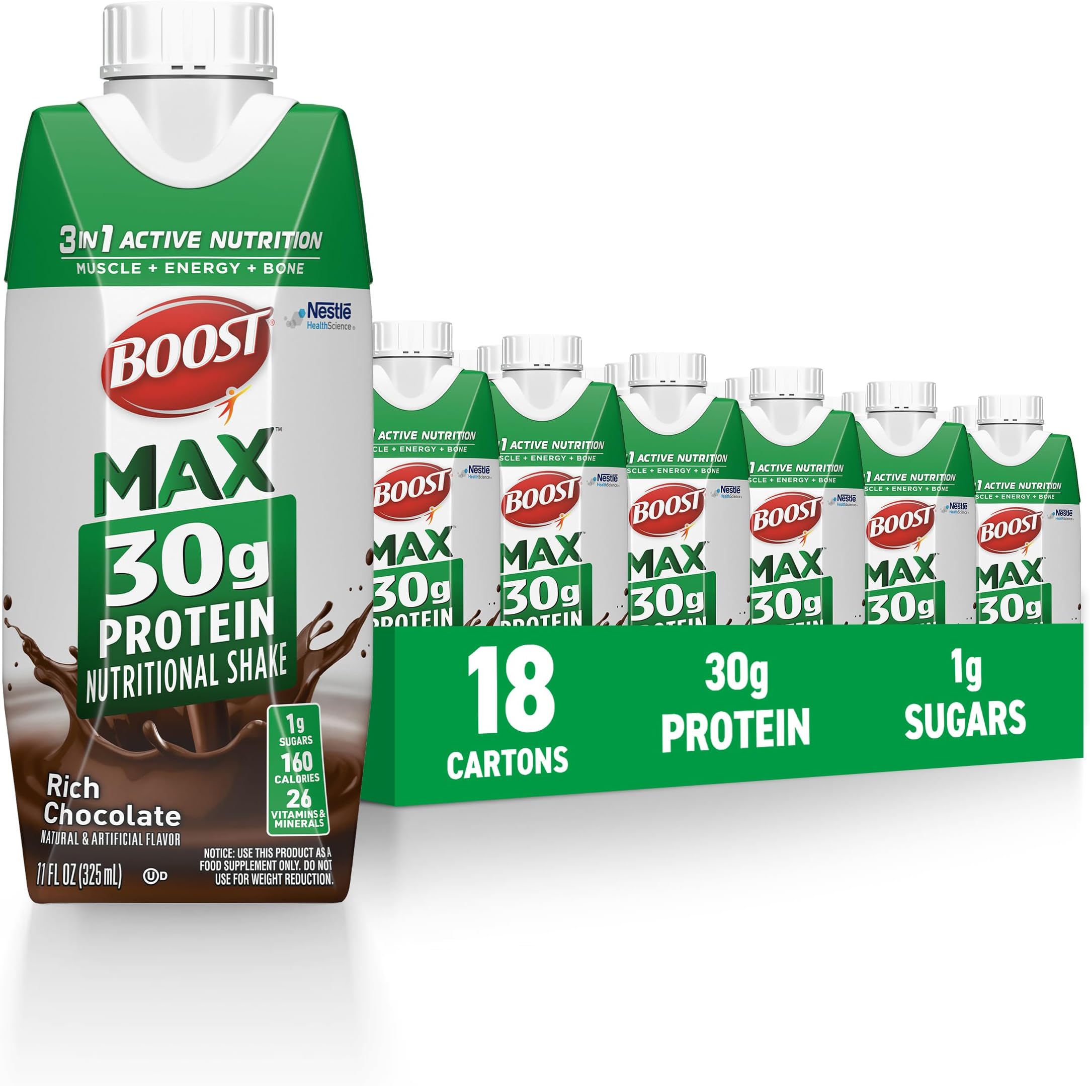 - MAX Protein Shakes Ready to Drink - 30g High Protein Shake - Chocolate | Nutritional Drinks to Support Muscle Recovery After Exercise, 26 Vitamins & Minerals, 1g Sugar, 11 fl oz (Pack of 18)