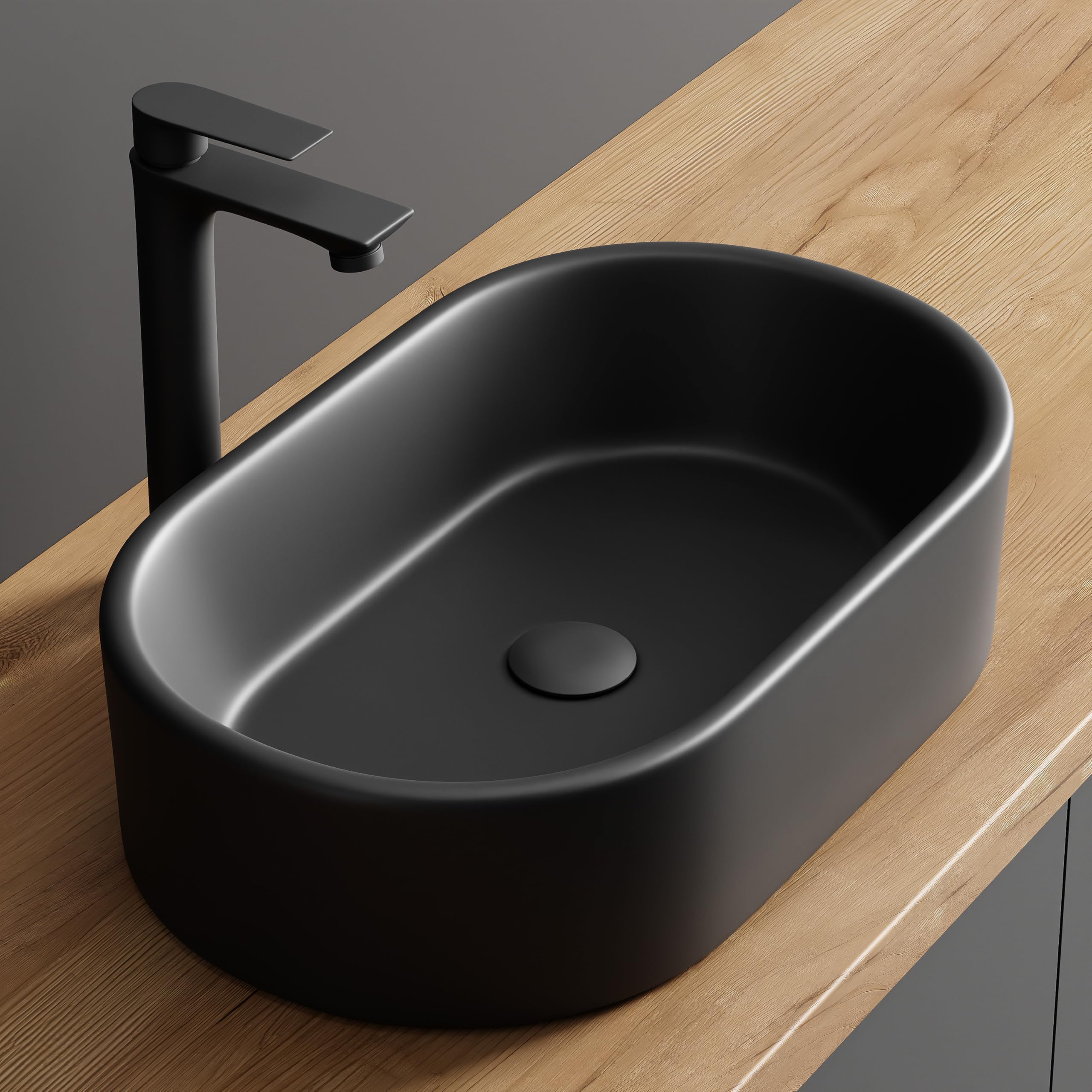 Planetmöbel Aquil Elegante lavabo ovale | Lavabo da appoggio per bagno e WC degli ospiti | Lavabo a mano senza foro per rubinetto e troppopieno, nero, 55 x 34 x 14 cm