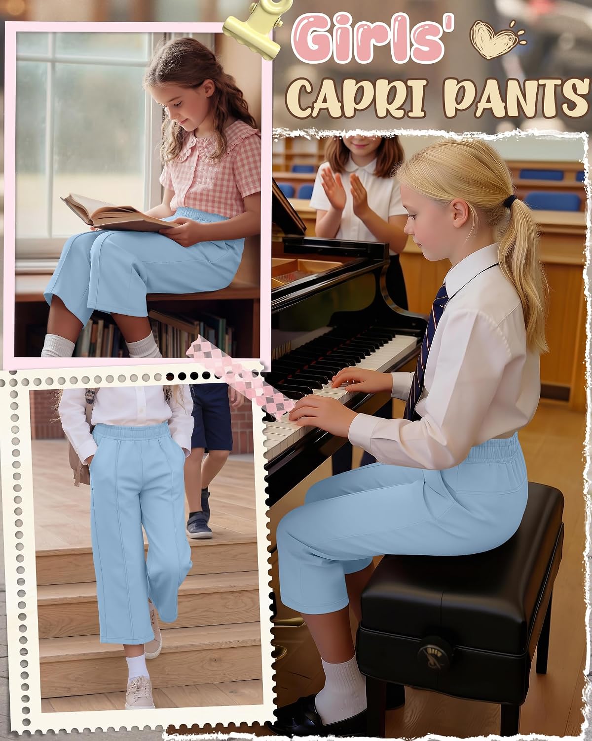 Girls' Capri Pants 5-14 Y Kids Back to School Pull On Capris Sweatpant Teen Summer Loose Cropped Pant with Pockets