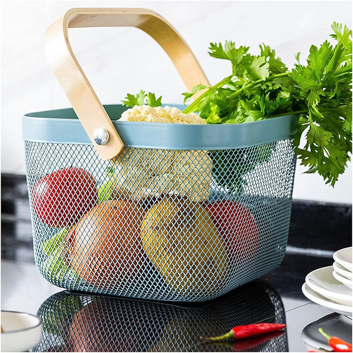 PROSFIA Fruit Basket Rack Holder Vegetables Snacks Basket with Wood Handle Countertop Storage Organiser Wire Mesh Stainless Steel Square for Kitchen Bathroom Living Room Green (Color : Blue)