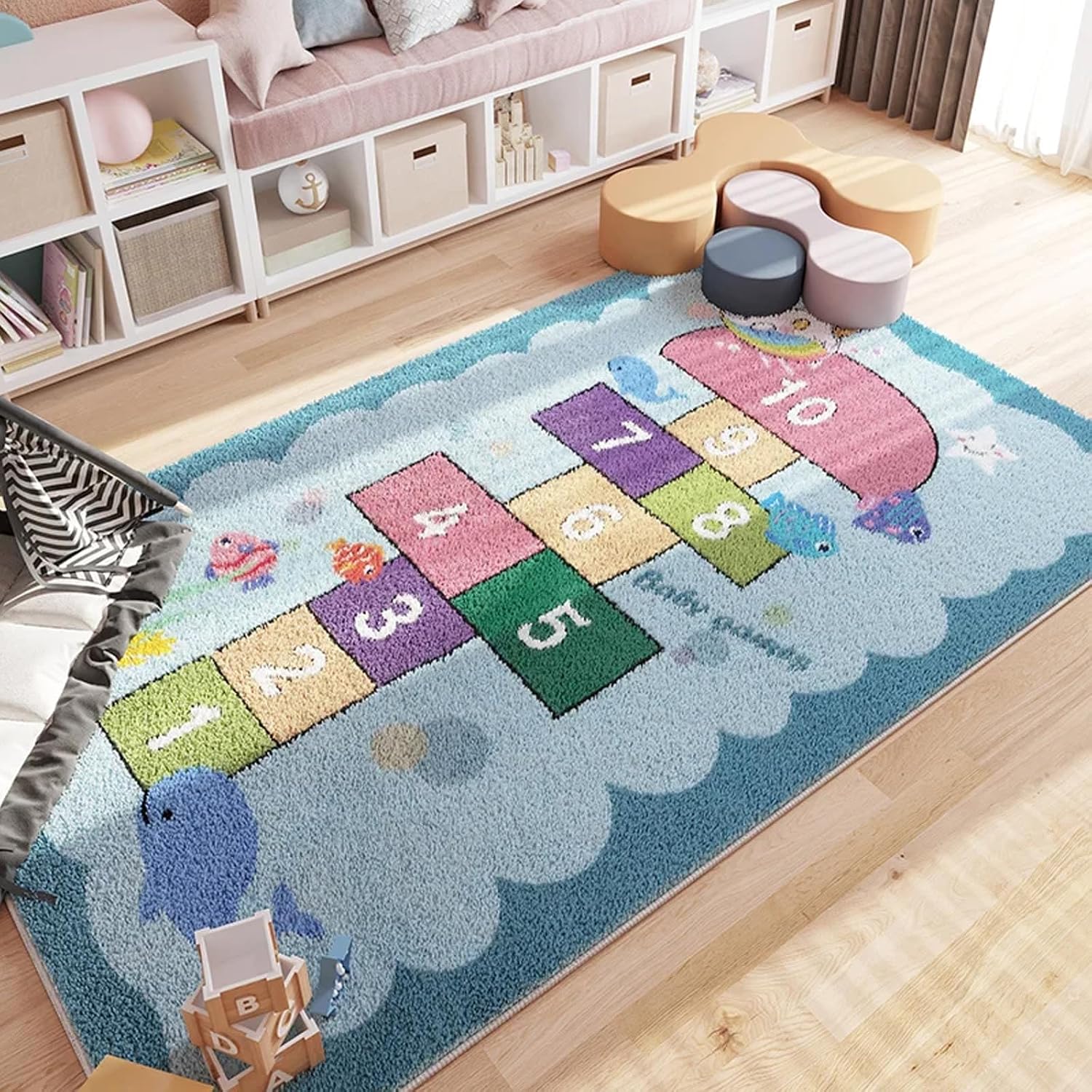 Hopscotch Flannel Area Rug – Soft Educational Floor Mat for Playroom & Nursery, Non-Slip, Machine-Washable (60 x 90 cm / 23.62 x 35.43 in)
