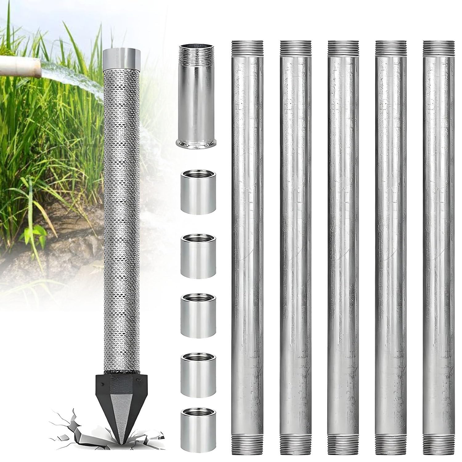 Uordby 6M(19.4Ft) 1-1/4 Inch Water Well Drilling Kit, Heavy-Duty Galvanised Pipes With 36" Point 60 Mesh, Diy Groundwater Access System, For Irrigation, Backyard Wells, Emergency Water Supply