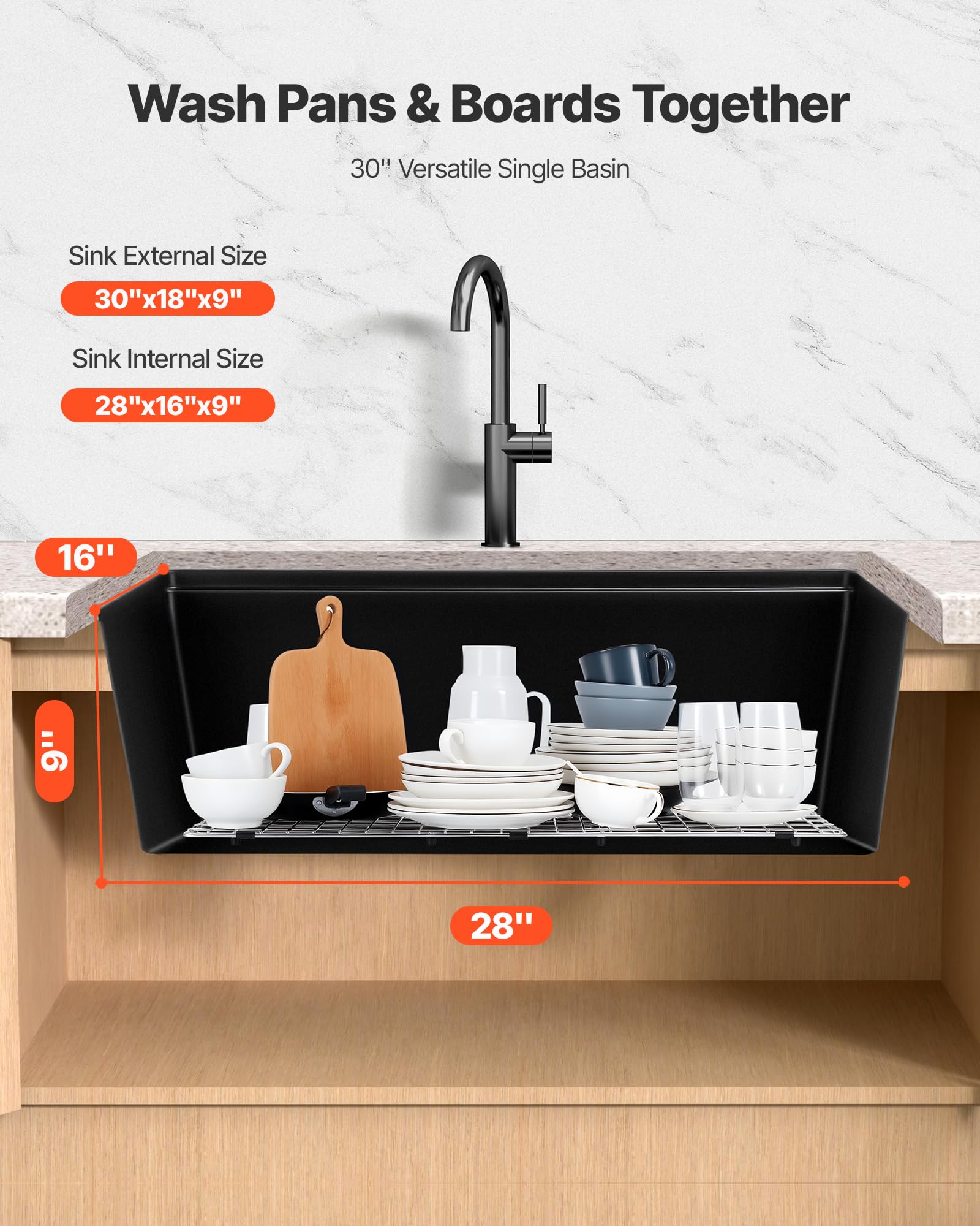 VEVOR Fregadero de Cocina de Granito Doméstico Montaje en Superficie, Fregadero Empotrado de Estilo Rústico con Accesorios, para Autocaravanas, Cocinas de Preparación, Negro, 762 x 457 x 230 mm