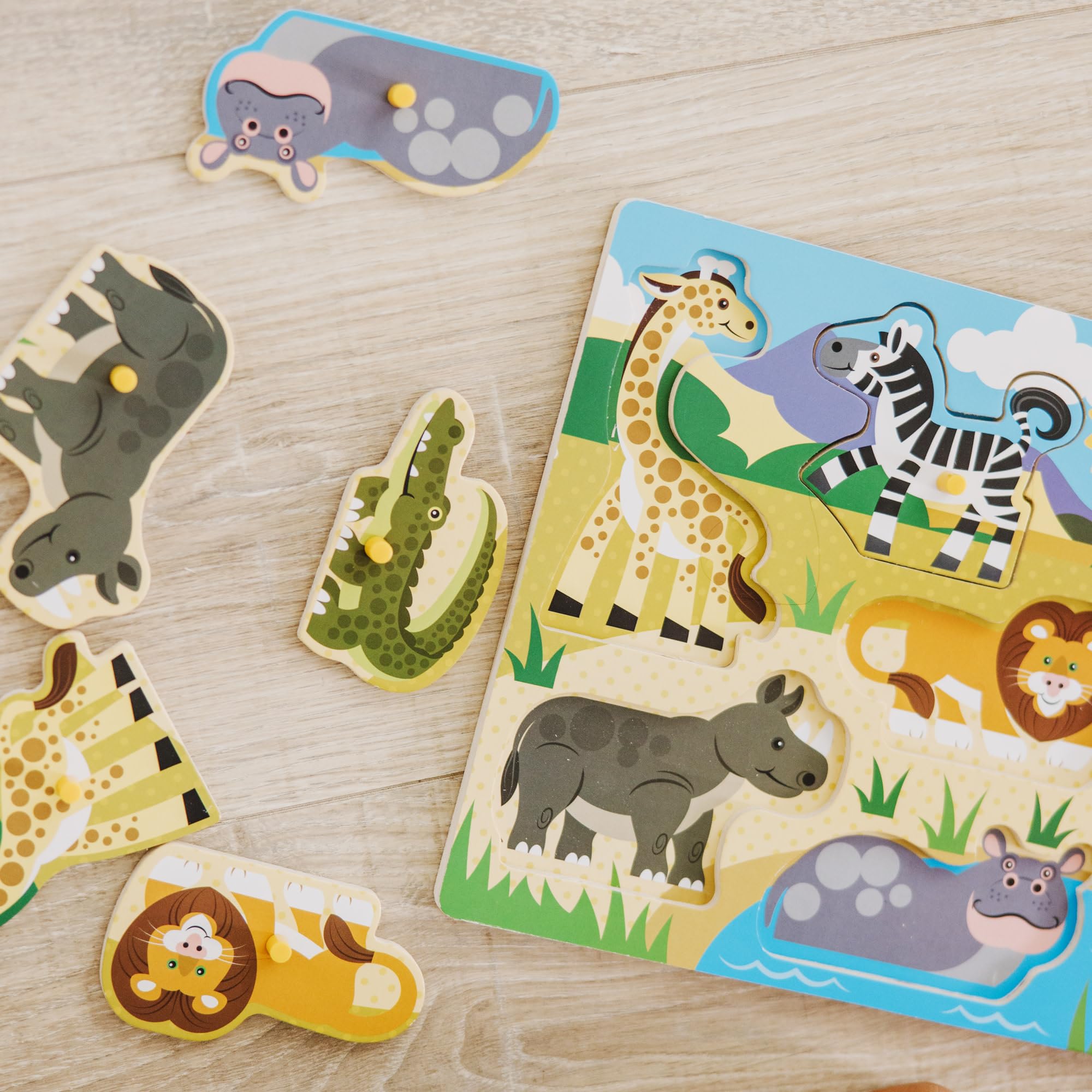 Melissa & Doug Set di 3, Puzzle con Pioli in Legno - Animali della fattoria, Safari e Veicoli, Giochi in legno, Giocattoli per lo sviluppo, 3+, Regalo per bambini e bambine