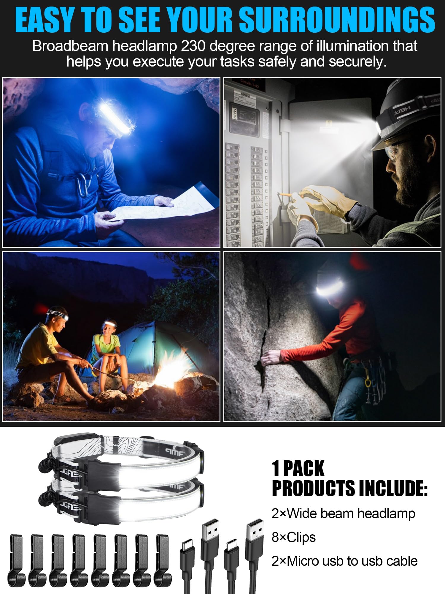 Lot de 2 lampes frontales à DEL, 1 000 lumens, 230 °, rechargeable par USB C, avec feu arrière rouge, léger et étanche pour camping, course à pied, randonnée, casque rigide