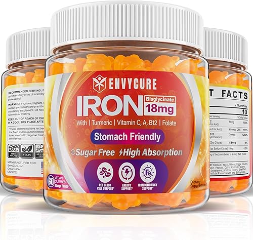 Miniatura 7 de Gomitas de hierro sin azúcar de 18 mg para mujeres y hombres, suplemento de bisglicinato de hierro con vitamina C, cúrcuma y folato, constructor de