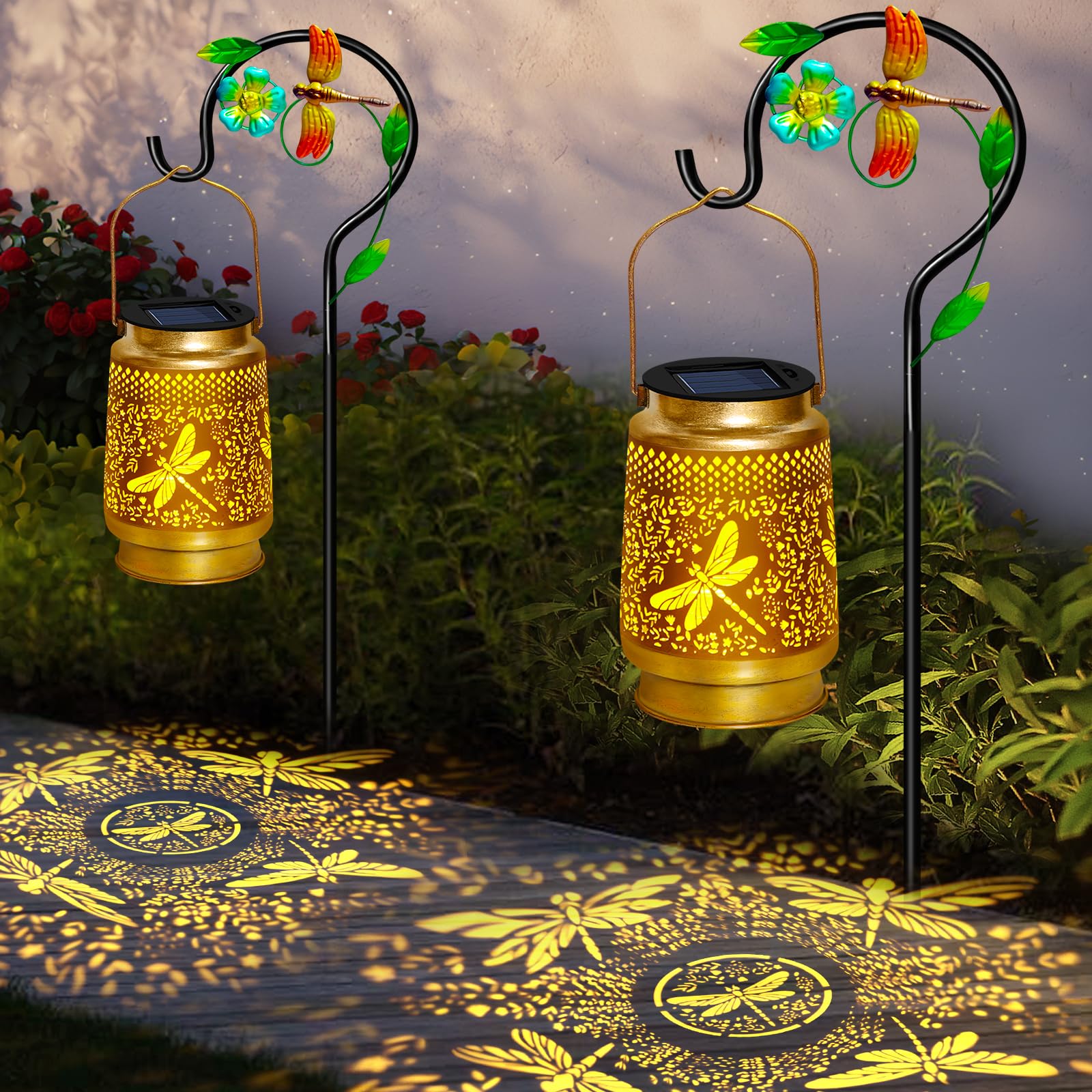 2 Packs Dragonfly Solar Lanterns Outdoor Waterproof with Shepherd Hook,Hanging Solar Lights Garden Decor,Mother's Day Dragonfly Gifts for Women Grandma,Metal Decorative Lanterns for Yard,Patio,Table