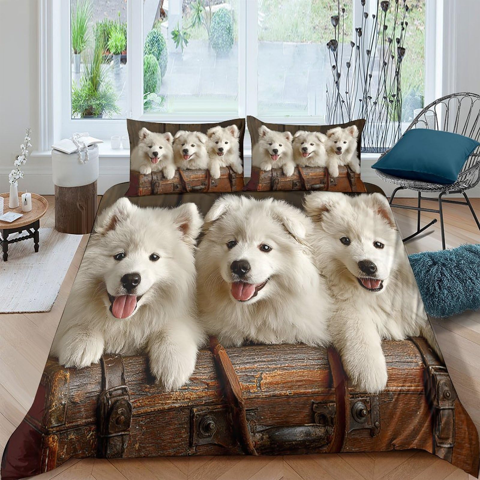 TUFRTGYHN 3D Printed White Puppy Dogs Duvet Cover Microfiber Soft Breathable Animal Bedding Set with 2 Pillowcases for Bedroom Decor, Single（135x200cm）