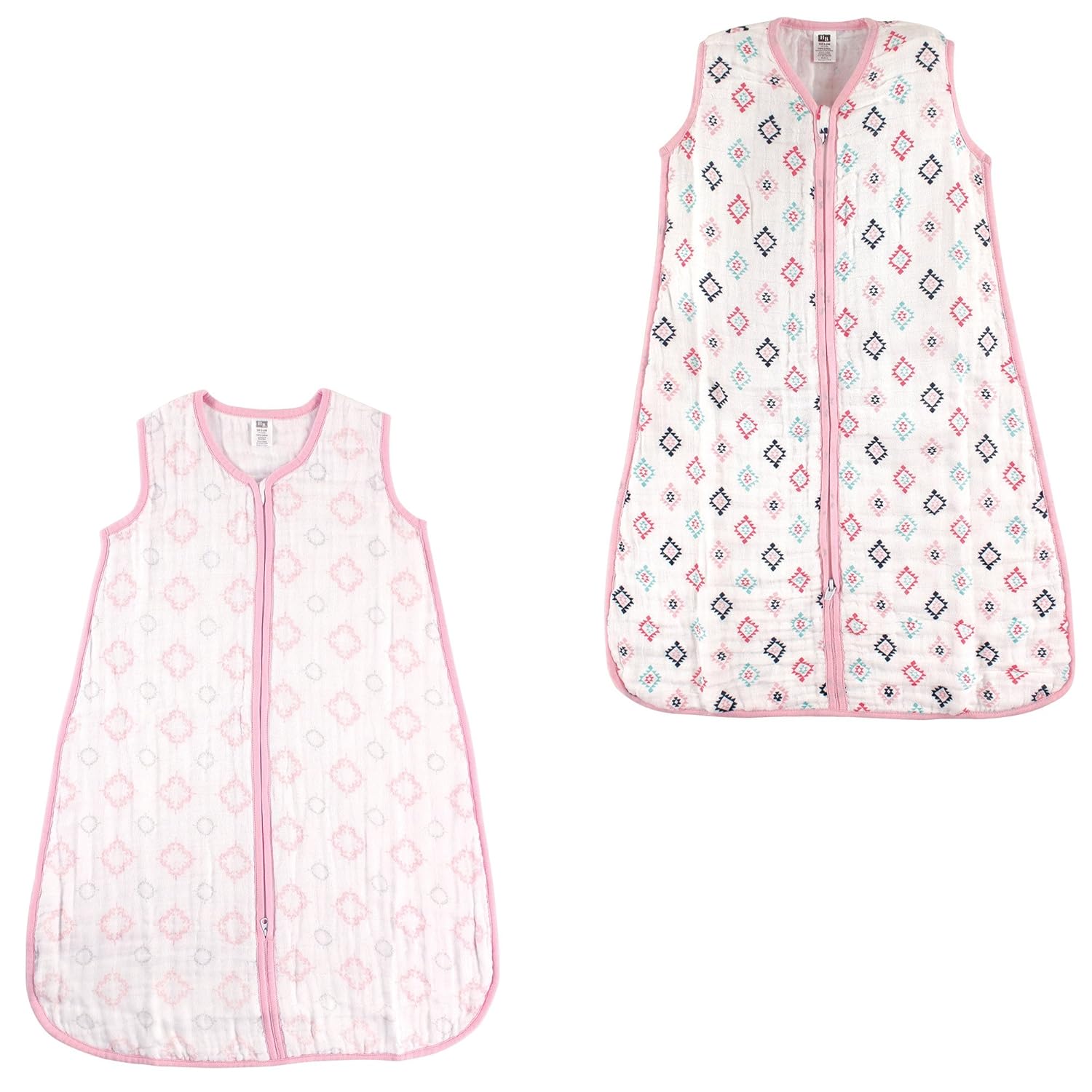 Hudson Baby Unisex Muslin Cotton Sleeveless Wearable Sleeping Bag, Sack, Blanket, Damask/Pink Aztec Muslin 2-Pack, 12-18 Months