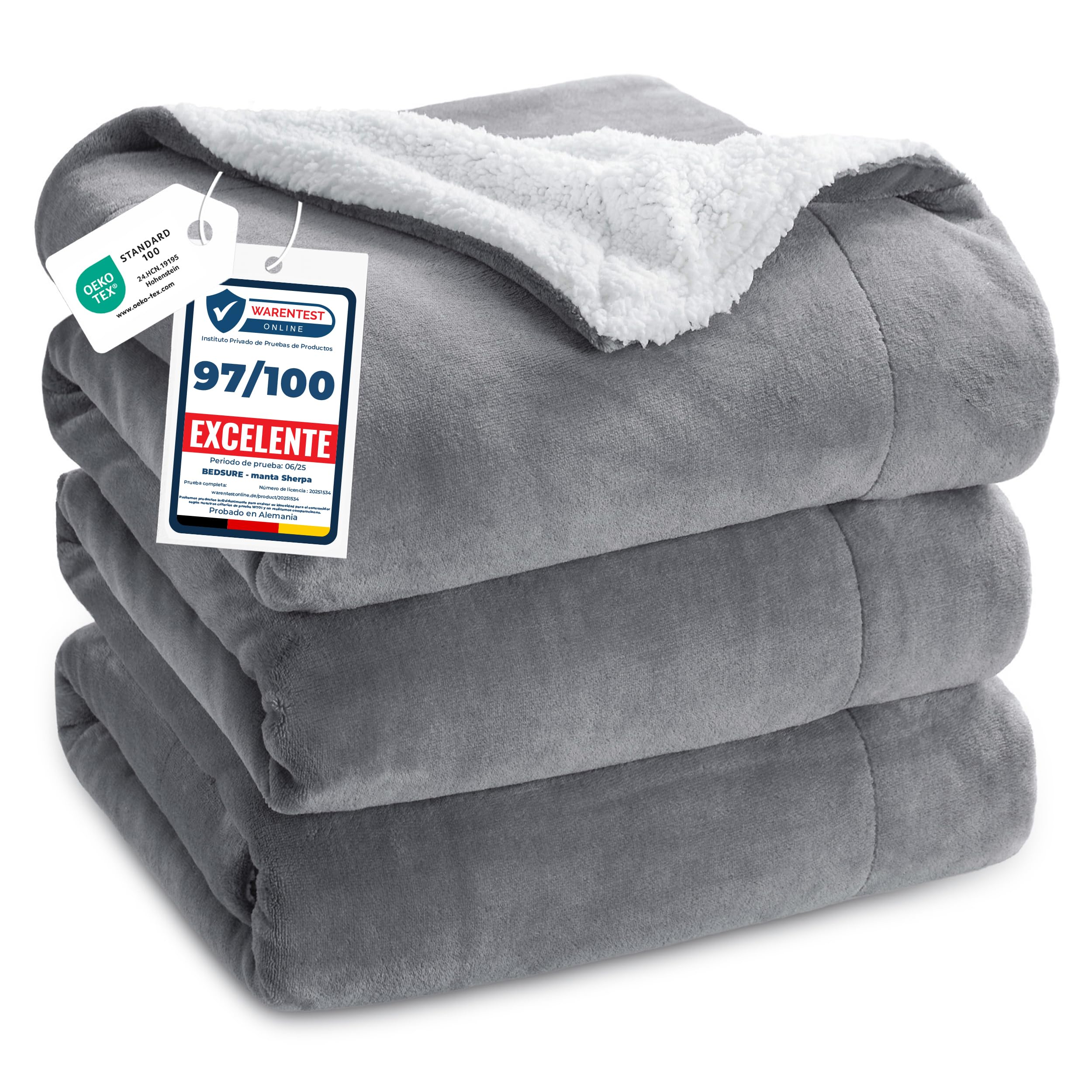 Bedsure Manta Sofá Polar Invierno - Mantas Grande Suave y Cálida para Cama y Sofá, Manta Polar Reversible de Franela y Borreguito, Sherpa Gruesa, Acogedor, XXL 220 x 240 cm, Gris OEKO-TEX STANDARD 100