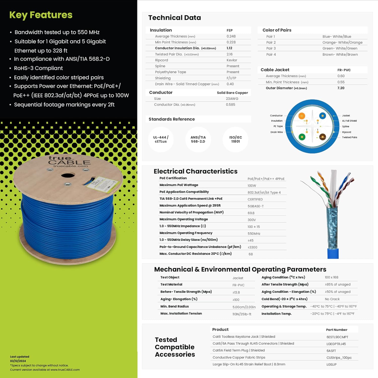 TRUE CABLE Cat6 Plenum Shielded (CMP), 1000ft, Red, 23AWG Solid Bare Copper, 550MHz, PoE++ (4PPoE), ETL Listed, Overall Aluminum Foil Shield (F/UTP), Bulk Ethernet Cable