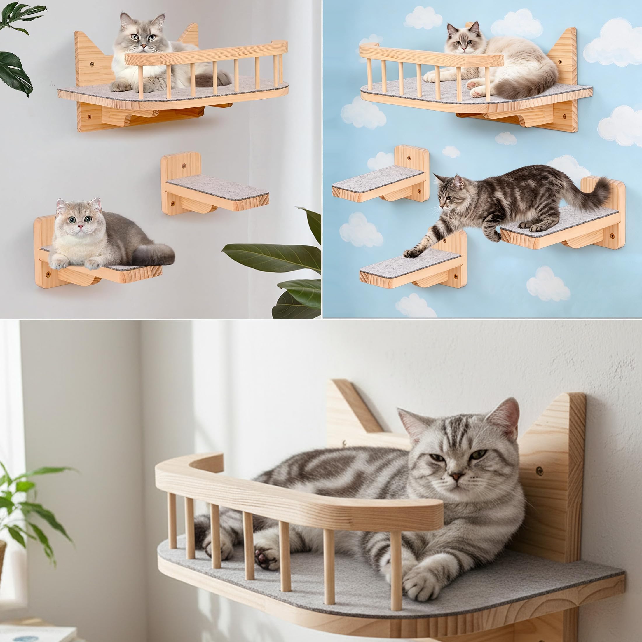 Mensole da Parete per Gatti Con 3 Gradini, Percorso Gatti Muro Arrampicata, Scalini Percorsi per Gatto Scala Scaletta da Parete in Legno Interno per Dormire, Giocare, Saltare e Riposare