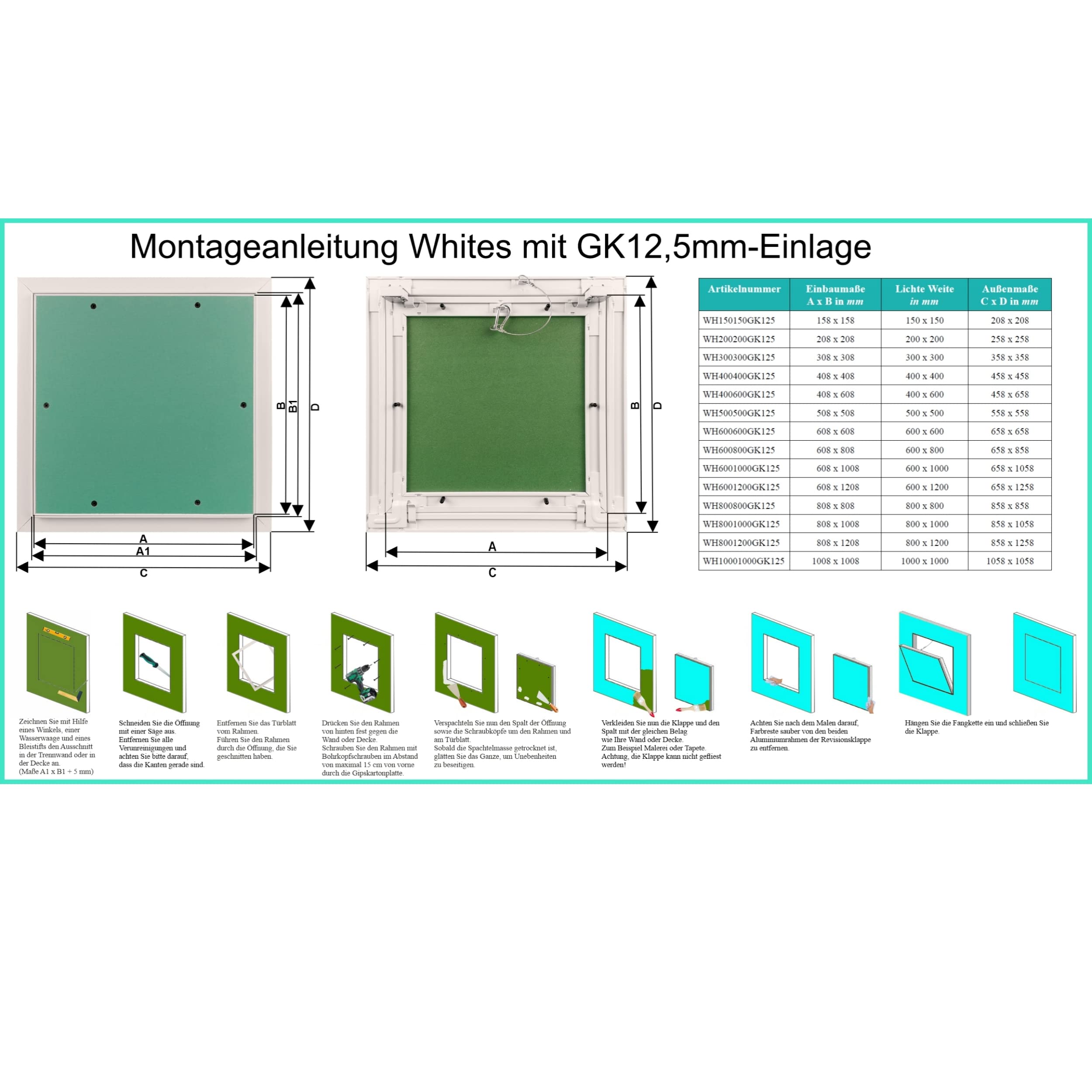 Revisionsklappe The White Edition 800 x 800 mm mit 12,5 mm GK-Einlage für die Montage an einer Gipskartondecke oder -wand