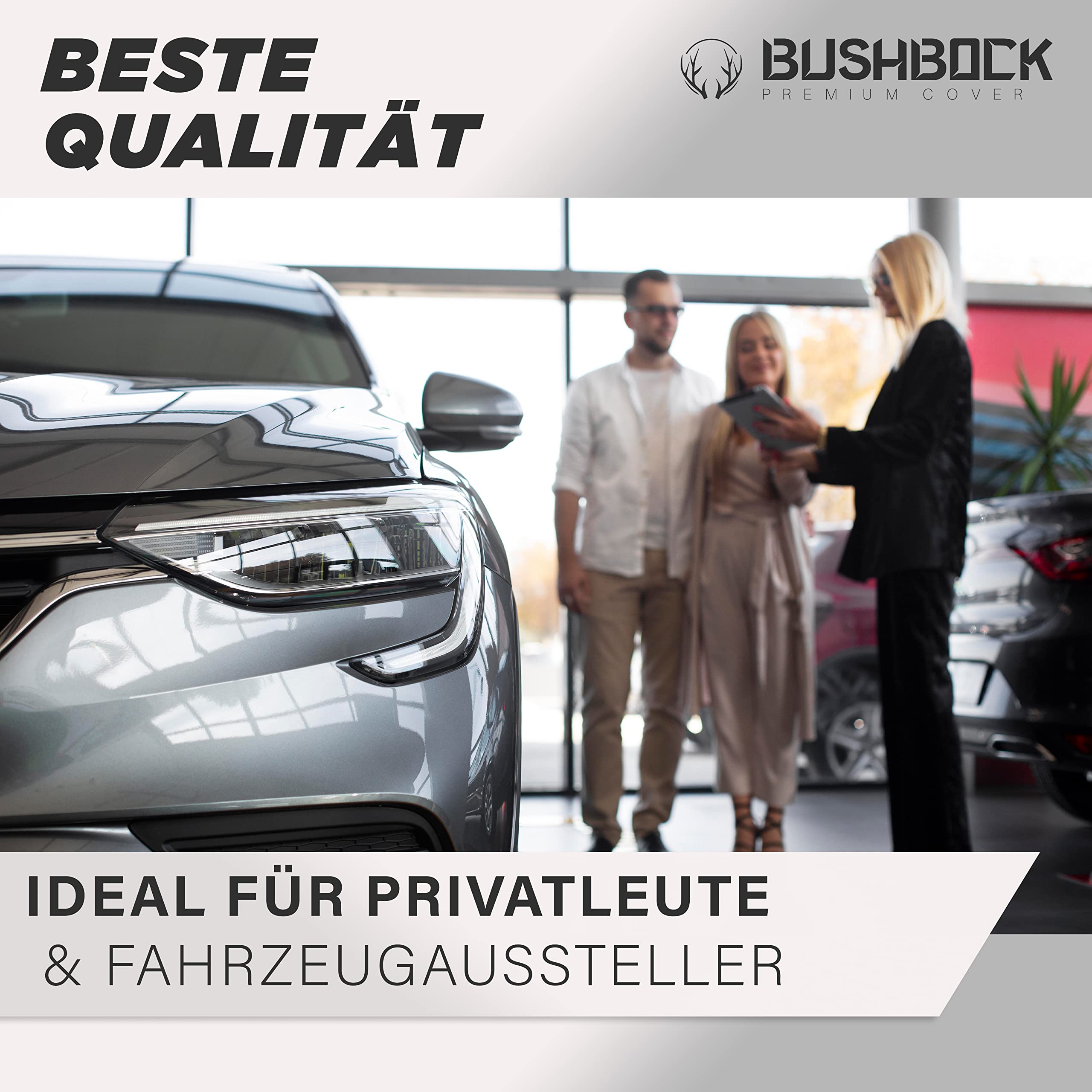 BUSHBOCK® Premium Autoabdeckung Indoor - Satin Schutzhülle Stoff - Abdeckplane Autoplane Autogarage Innenbereich - 2 Farben, 4 Größen (Schwarz, M)