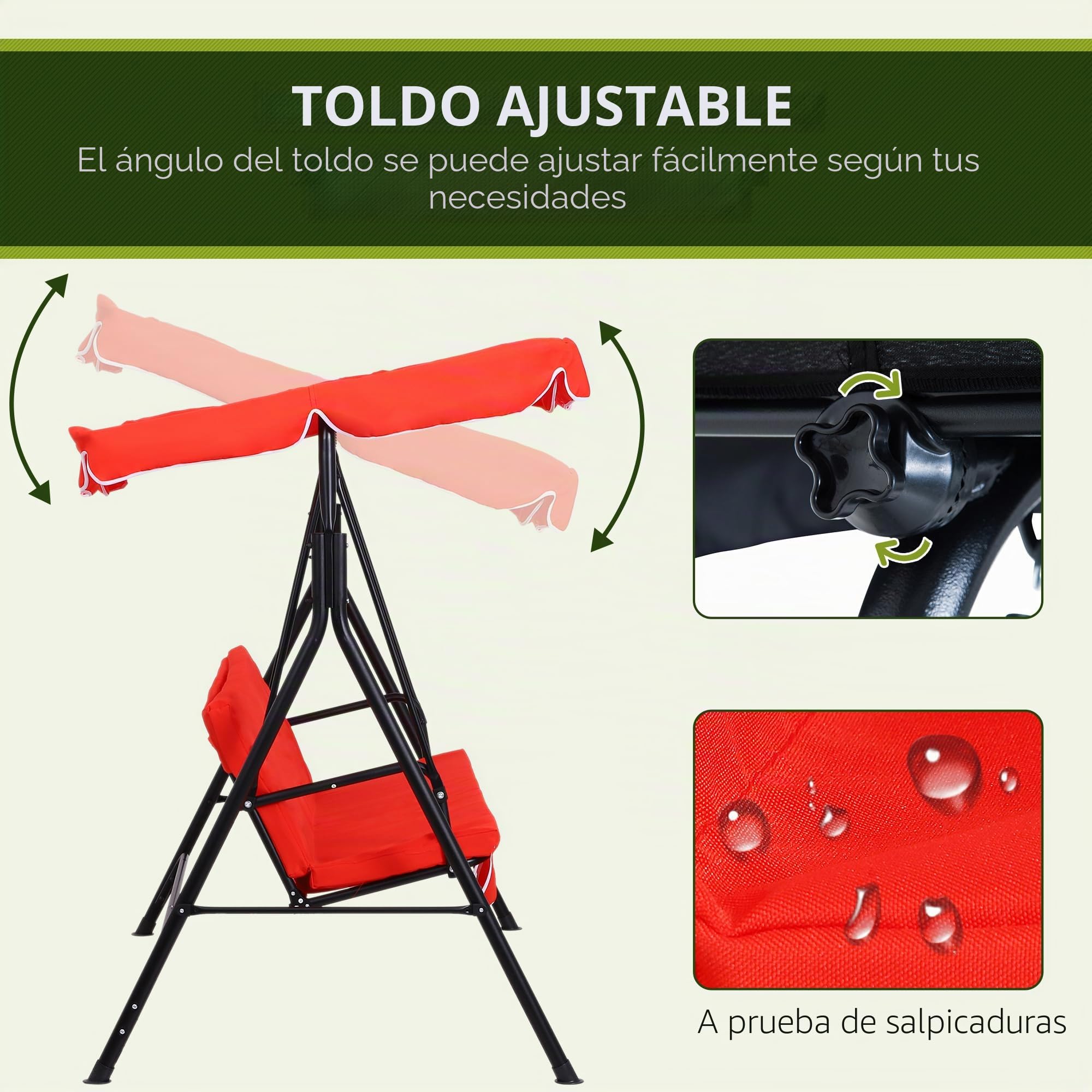 Outsunny - Balancín de jardín (3 plazas, inclinación, ajustable, cojines de asiento y respaldo, 1,72 x 1,1 x 1,52 cm, acero negro, poliéster, color rojo