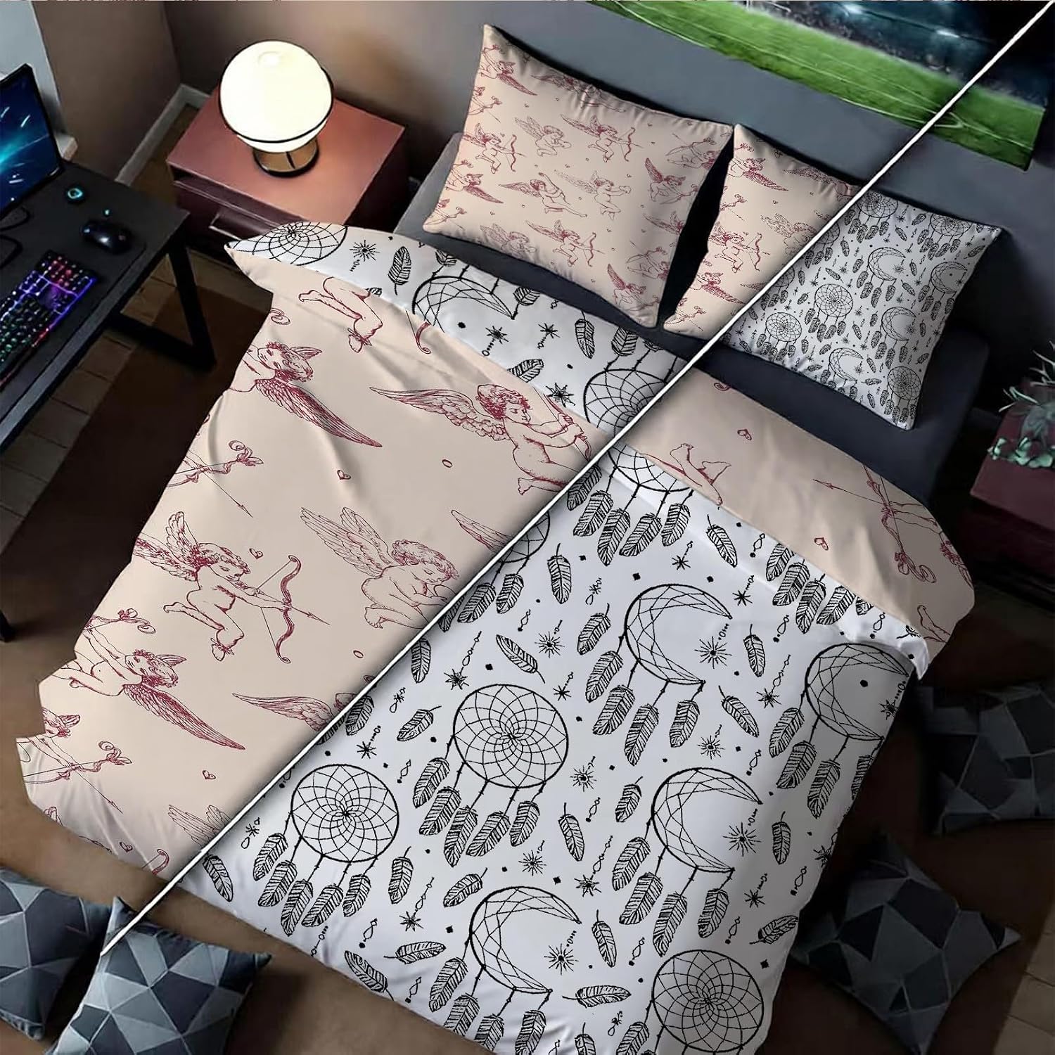 キングサイズ 布団カバー セット 230x210cm リバーシブル キューーピッドとドリームキャッチャー 超柔軟 抗菌防ダニ 洗い替