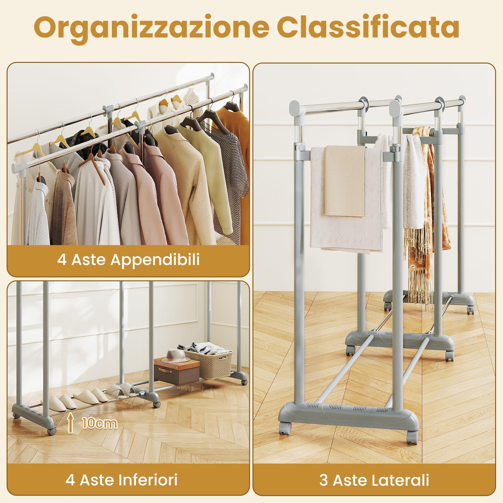 RELAX4LIFE Stand Appendiabiti con Ruote, Doppia Asta in Metallo con Altezza o Larghezza Regolabile, 4/6 Ruote Girevoli con 2 Bloccabili, Appendiabiti Robusto e Portatile per Lavanderia (Stile1)