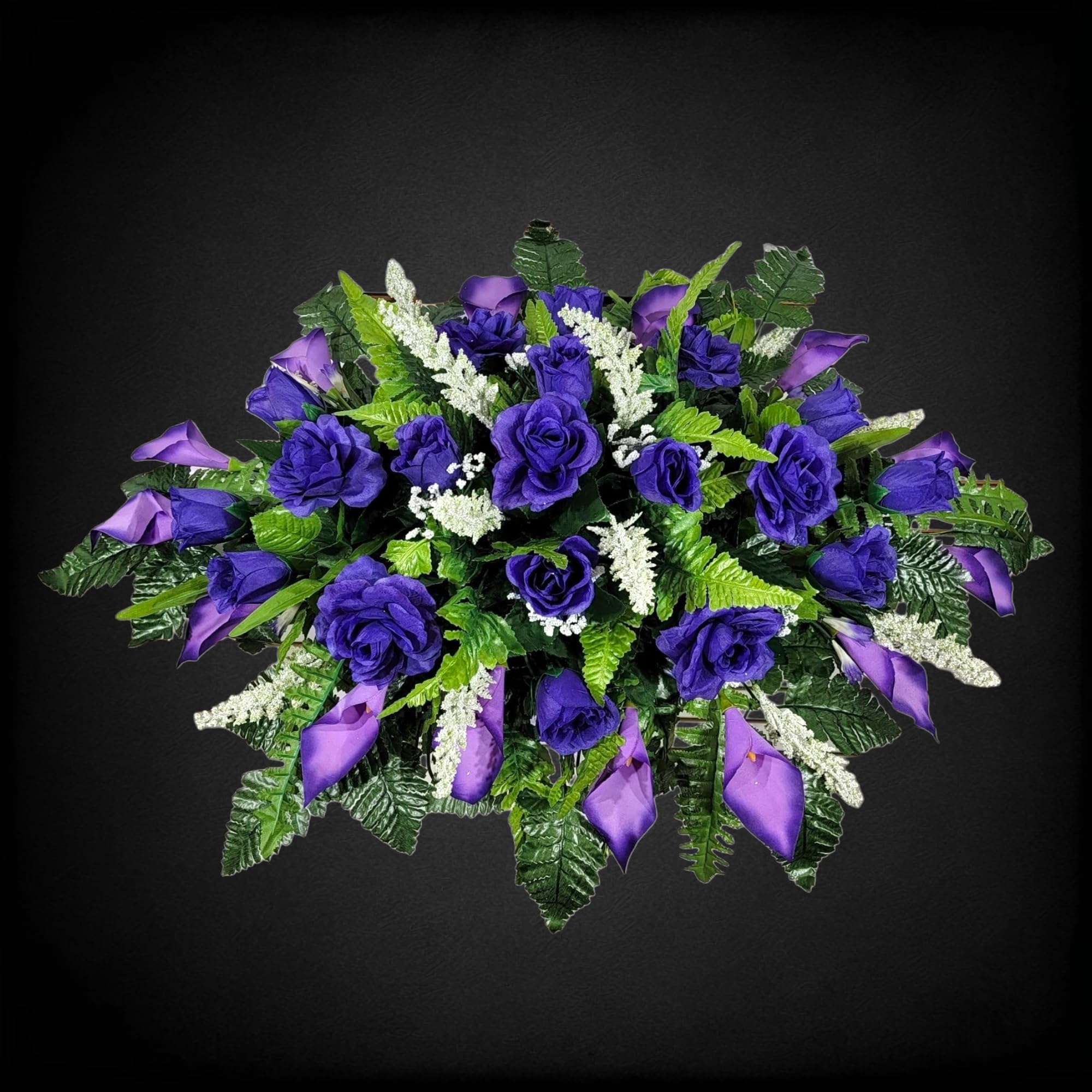 Cemetery Saddle Memorial Decoration - Realistic Silk Faux Floral Artificial Grave Flowers - Purple Roses and Calla Lilies for Headstone Decorating