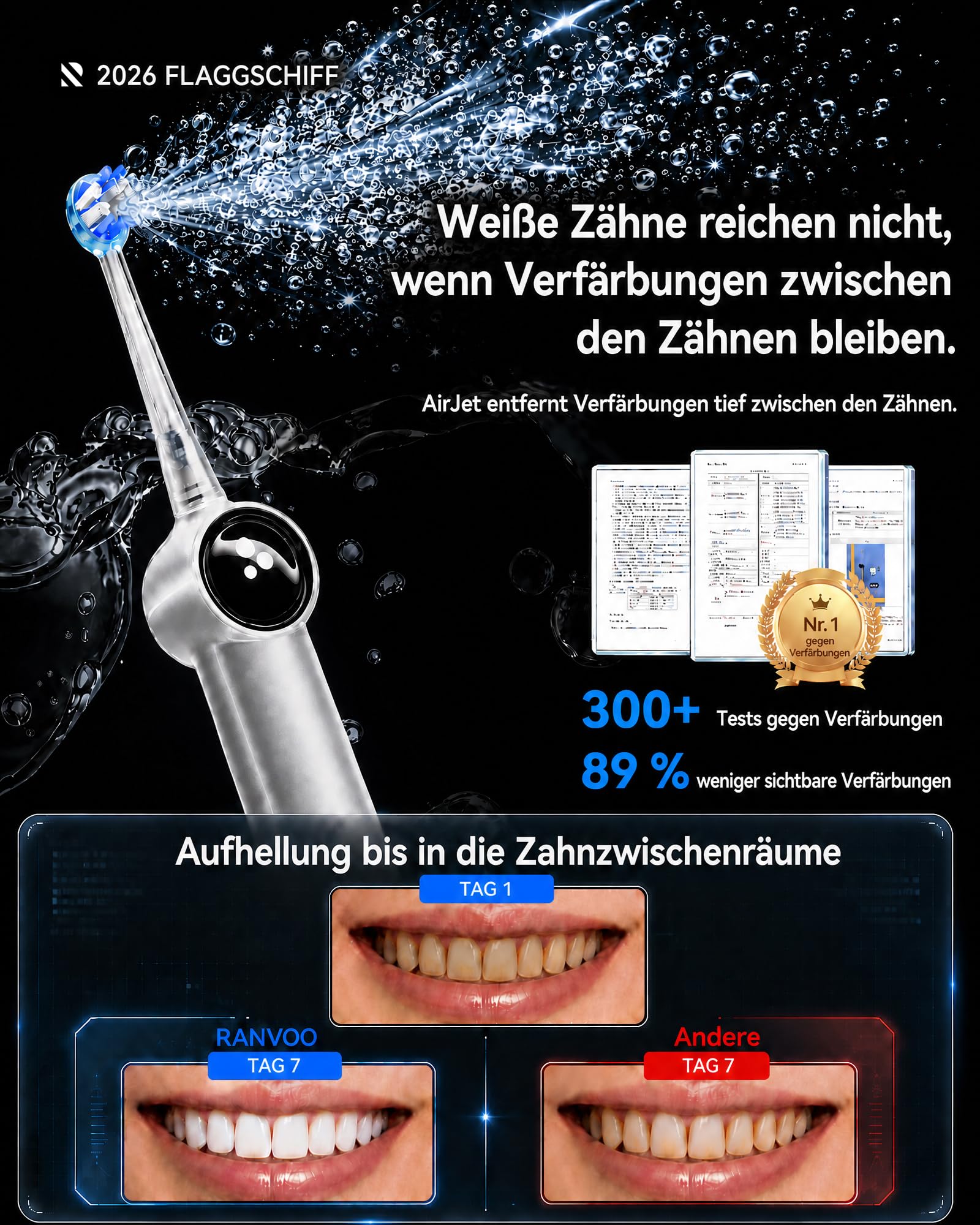 RANVOO AirJet X5 [Extra tiefe Zahnzwischenraum-Reinigung] Next-Gen elektrische Zahnbürste, 100% Plaque-Entfernung, Zahnfleischpflege, für Zahnspangen geeignet, 60 Tage Akku, 3 Bürstenköpfe, Stahlblau