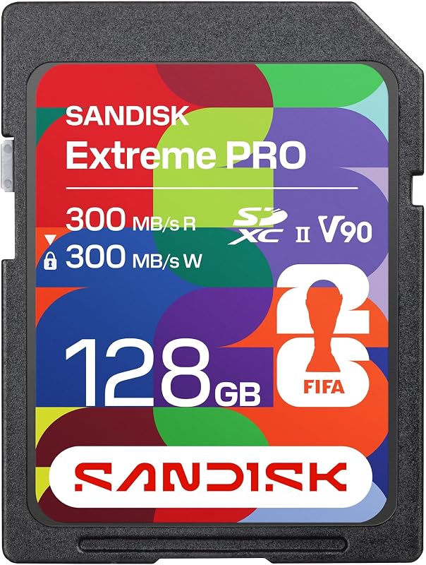 SANDISK SD UHS-II-Karte FIFA World Cup 2026 Edition 128 GB (bis zu 300 MB/s Lese- und Schreibgeschwindigkeiten, V90, 8K, SANDISK App)