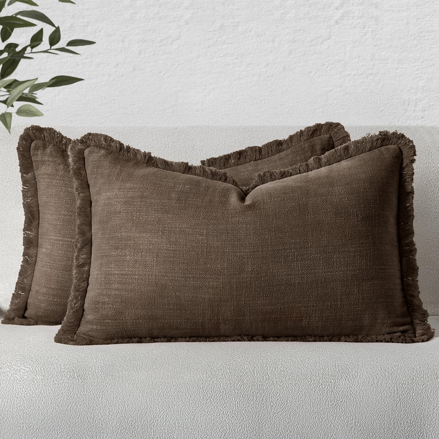 MIULEE Linen Fringe Decorative Fall Pillow Covers Chocolate Brown 12x20