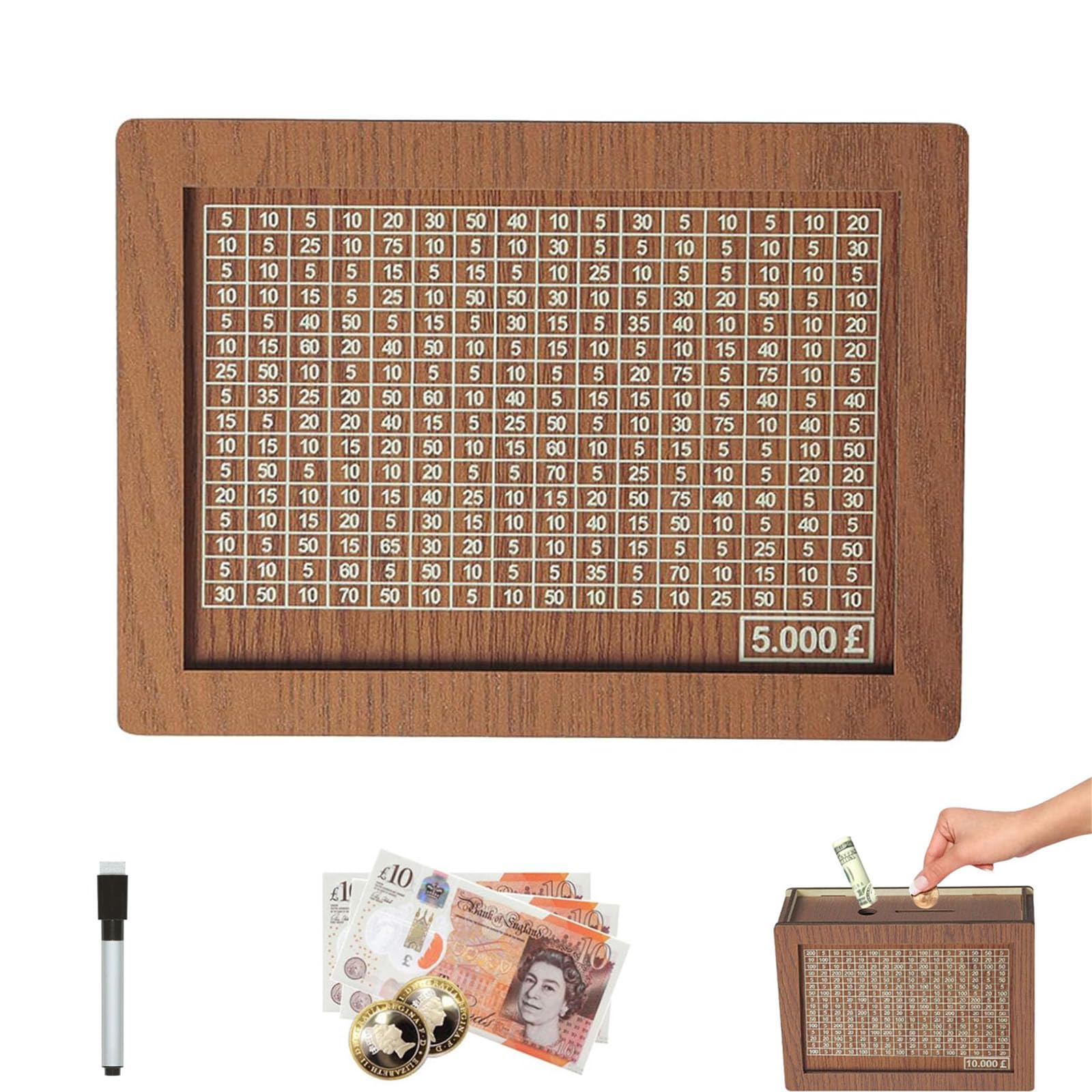 Zbello Brown Wooden Money Box With Counter, Savings Challenge Box For Cash & Coins, Budget Tracker & Coin Bank With Goal Tabs, Financial Literacy Tool For Kids, Teens & Adults (5000)