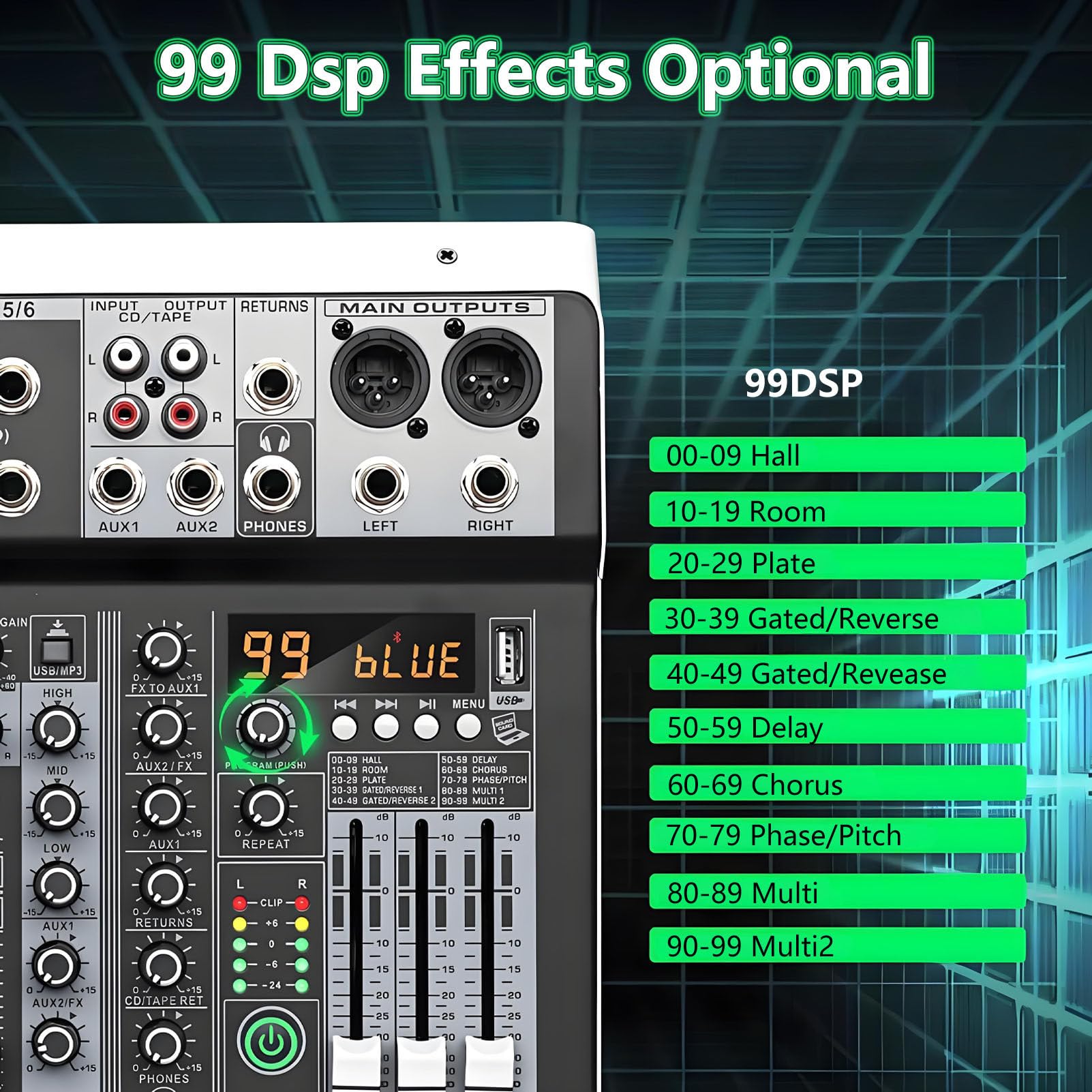 Mezclador de Audio Profesional, Mesa de Mezclas de música Profesional, Mezclador de DJ, con Efecto de retardo de Eco Bluetooth USB Digital de 5 Canales, para grabación en PC. 6-Channel
