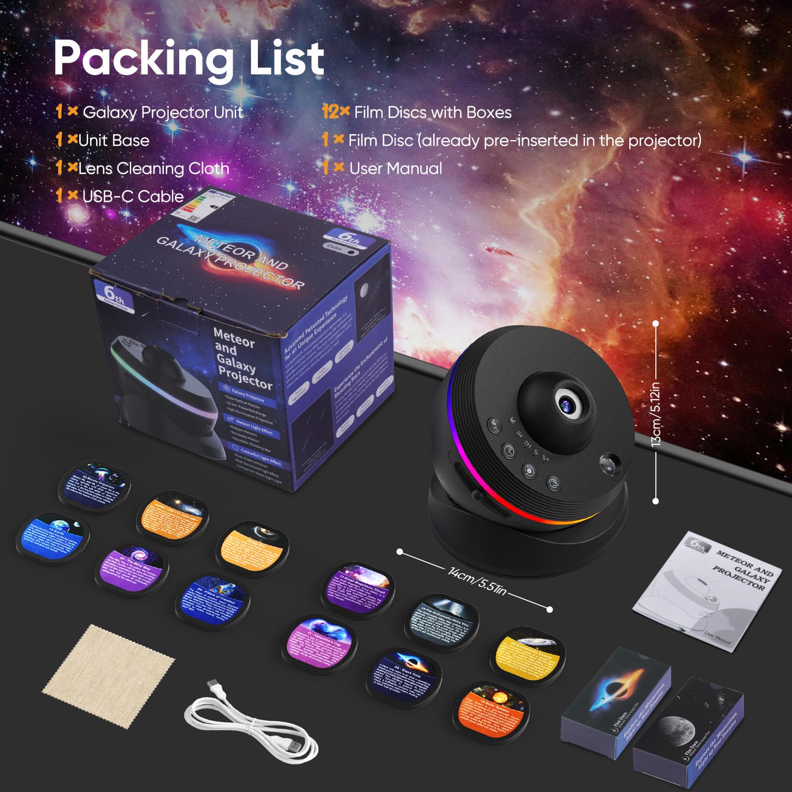 Sternenprojektor, 13-in-1-Projektor Galaxy 4K HD mit Timer, dynamischer Meteorit