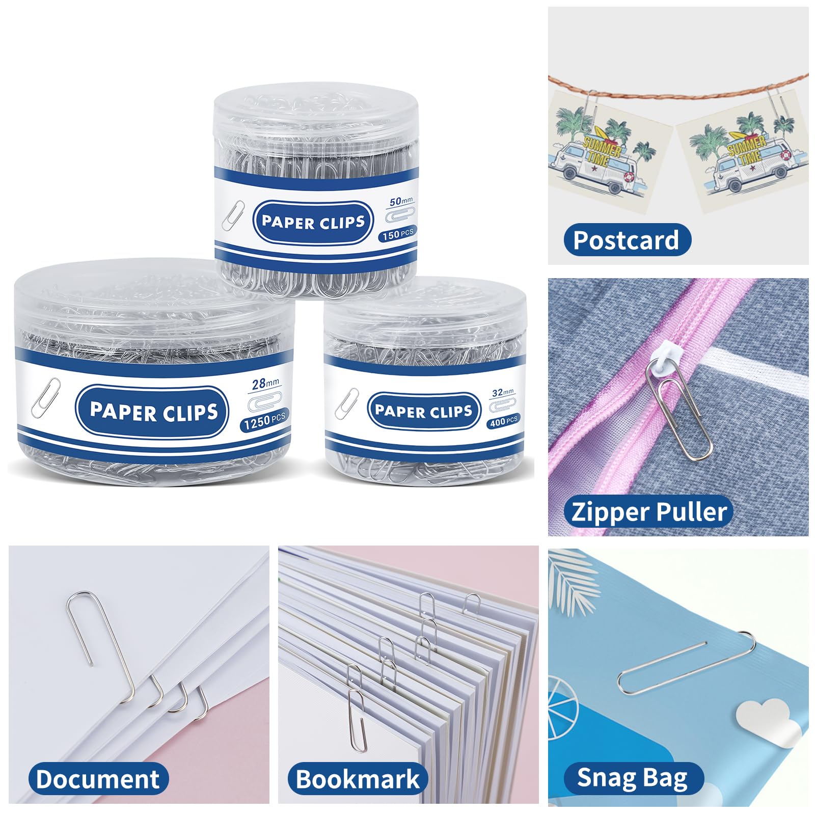 1800 spinaczy do papieru, różne rozmiary, duże, średnie i małe, trwałe i nierdzewne, spinacze do papieru do biura, szkoły i użytku osobistego, materiały biurowe, organizowanie dokumentów (50 mm, 33
