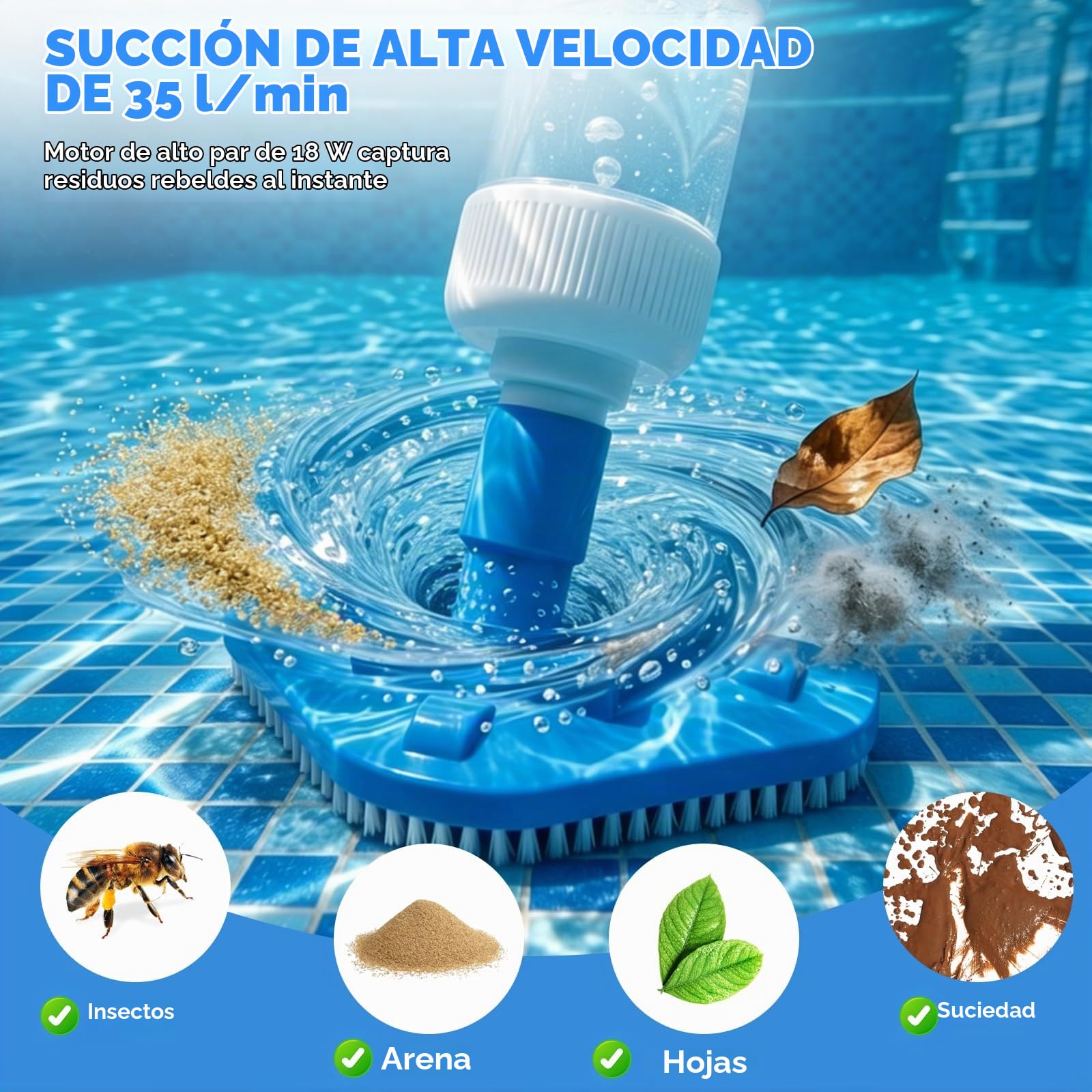 Bostar 2026 Nuevo 35L/min Aspirador Piscina con Mango Telescópico, 3 en 1 Caudal de Succión Limpiafondos de Piscina a Bateria Inalámbrica para Piscina Pequeñas SPA