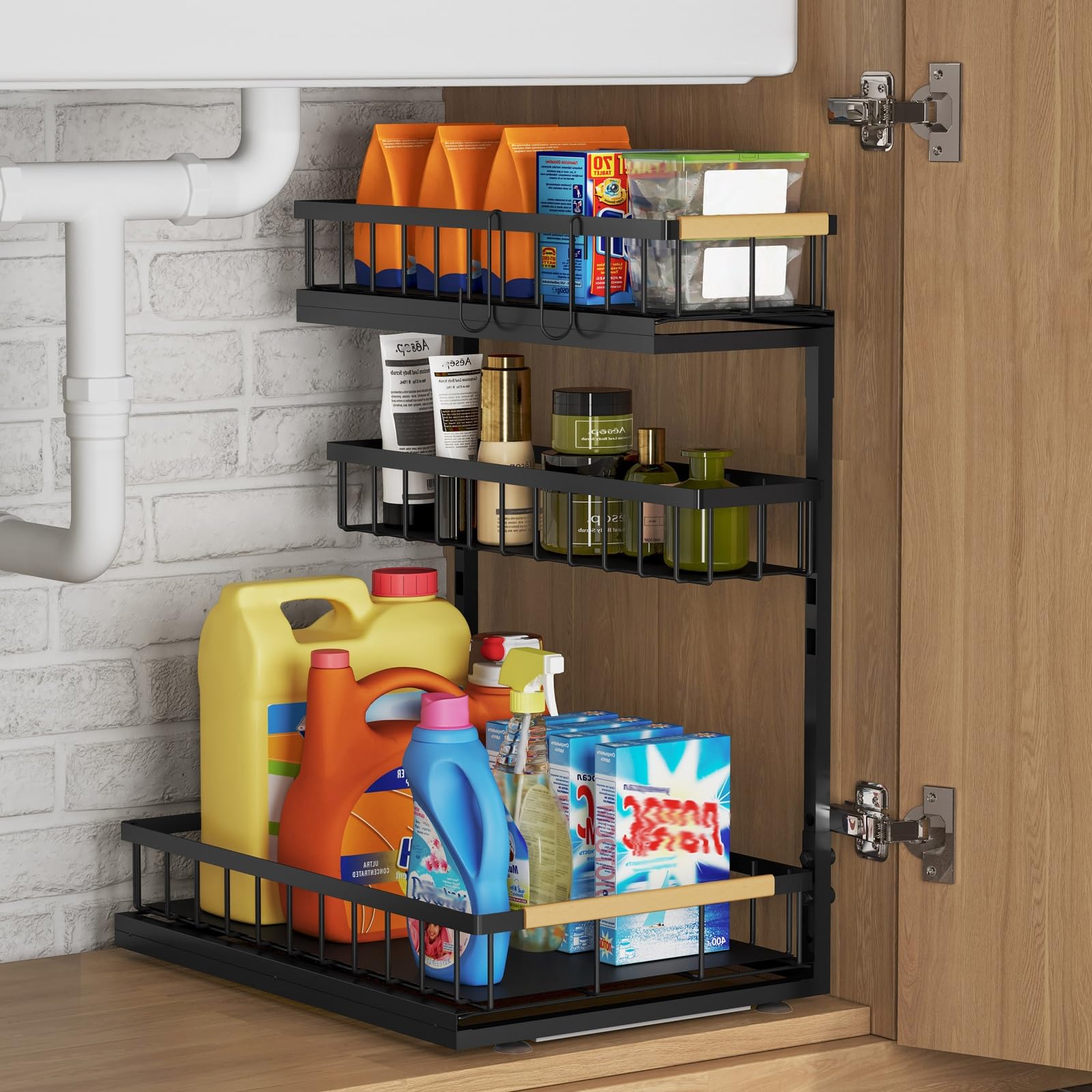 Fantasnight Kitchen Under Sink Storage Organiser Black 3 Tier 1 Pack Black 3-tier(1pc)