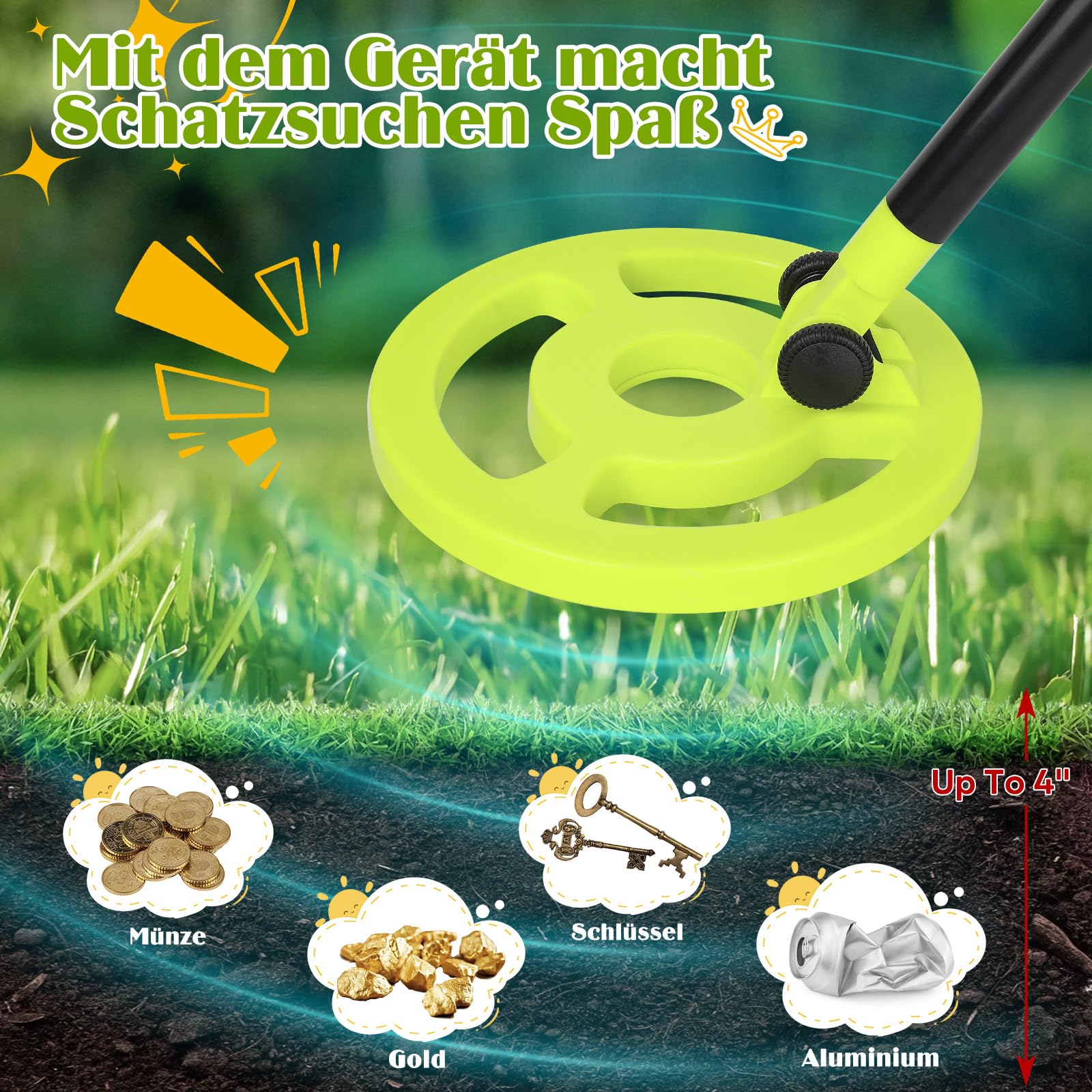 Metalldetektor Kinder, Canvage Verstellbarer 61-89cm Kinder Metal Detector– mit USB-C Aufladbar und LCD Display, Outdoor Set Für Jungen und Mädchen Schatzsuche am Strand, Garten oder Park – Grün