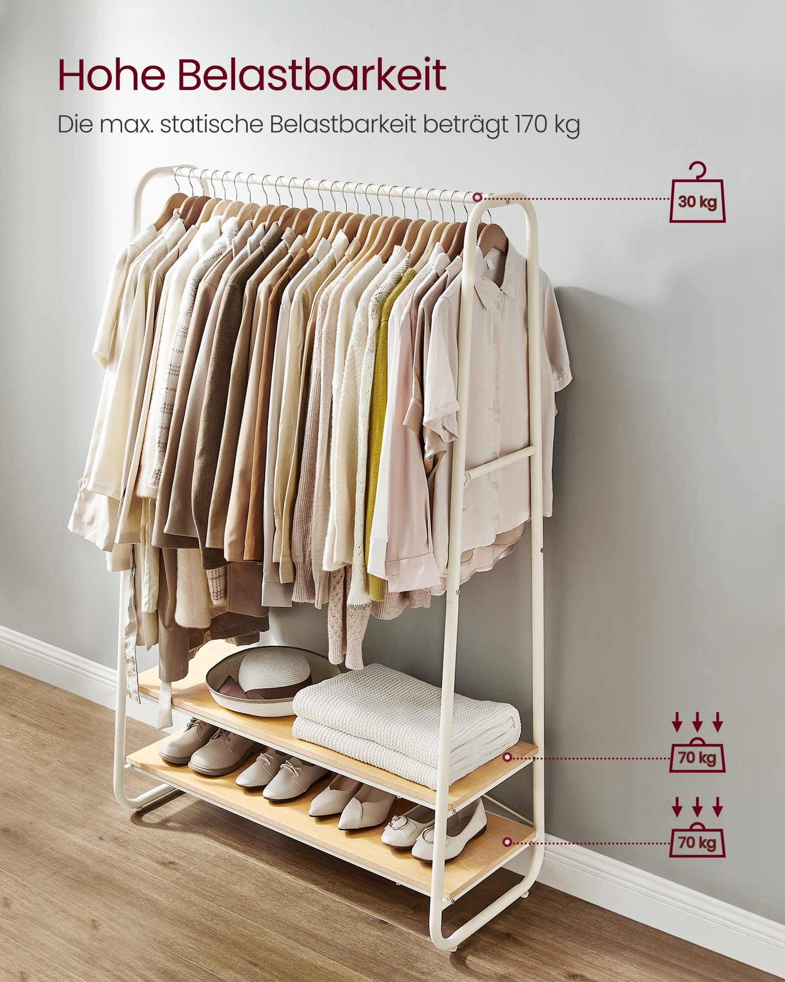 VASAGLE Kleiderständer, Garderobenständer, Garderobe, 2 Ablagen, 6 Haken in S-Form, Stahlgestell, 45 x 100 x 160 cm, für Schlafzimmer, Flur, Eingangsbereich, eichenfarben-cremeweiß RGR112W09