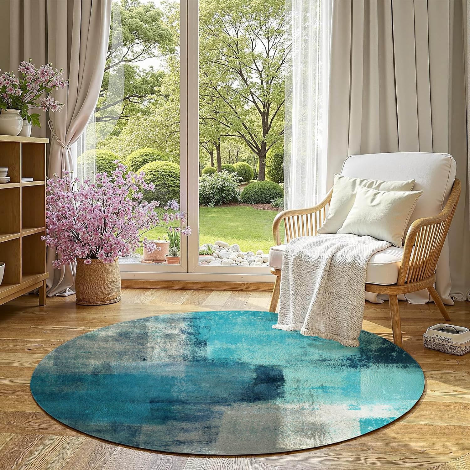 LOKMU Non-Slip Round Area Rugs Turquoise and Grey Abstract Art Home Decor Rugs Carpet for Classroom Living Room Bedroom Dining Kindergarten Room 5'